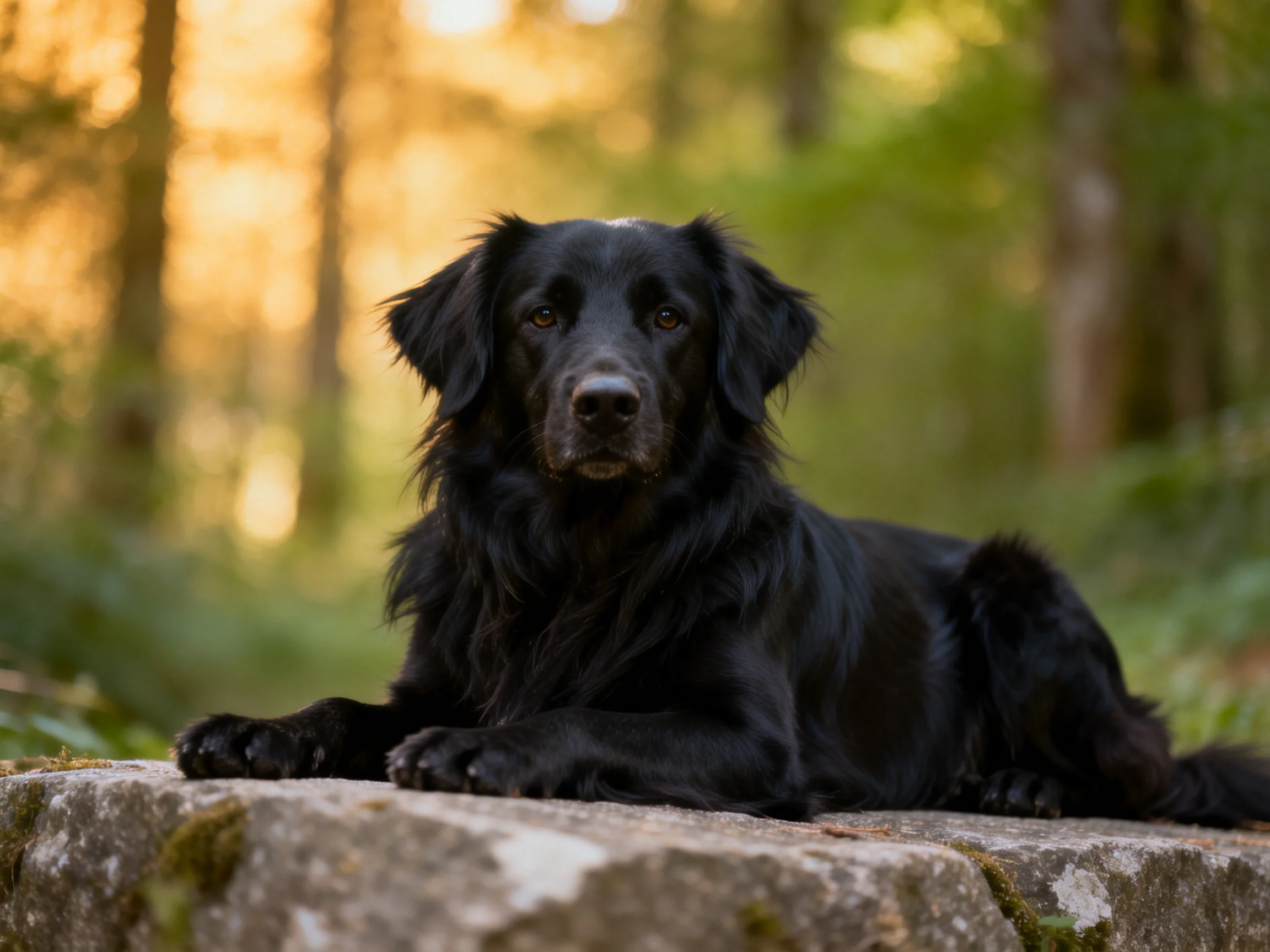 A black dog lies calmly on a stone in a sun-dappled forest.