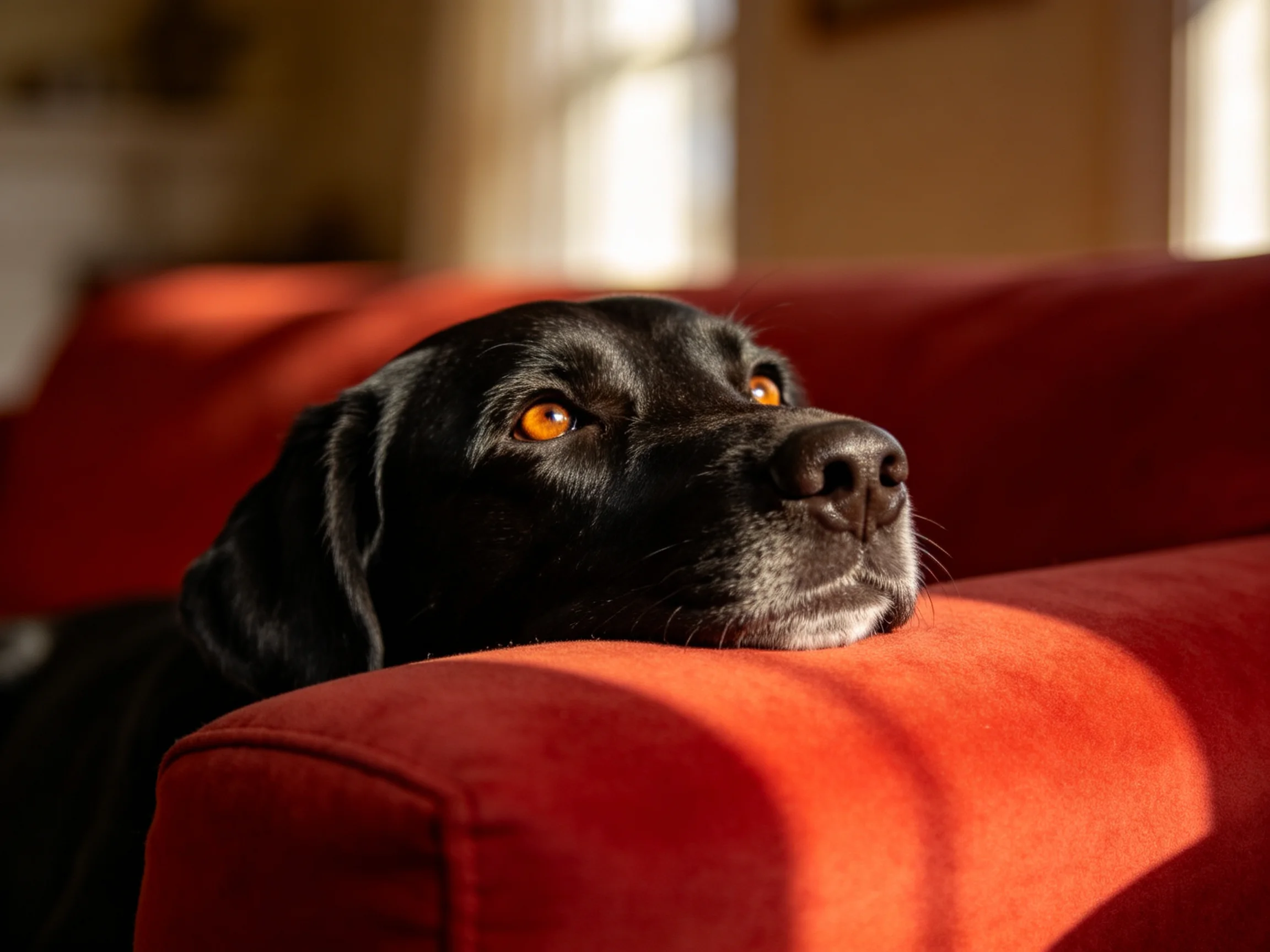 A black dog rests on a plush red couch in soft sunlight