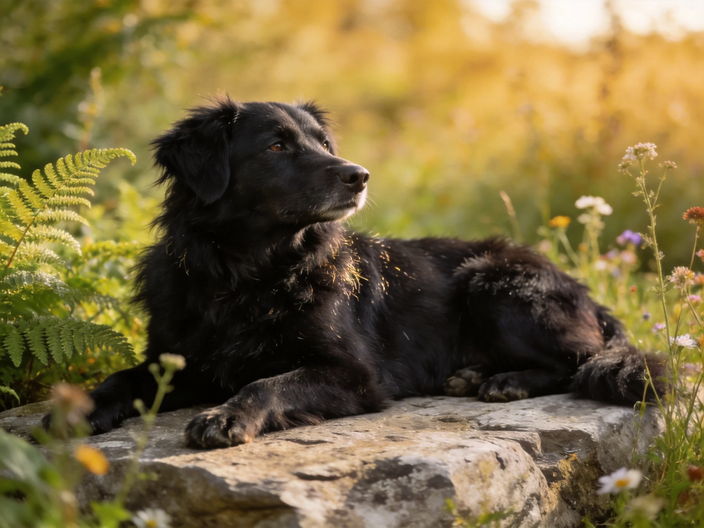 A black dog relaxes on a rock surrounded by plants and flowers.