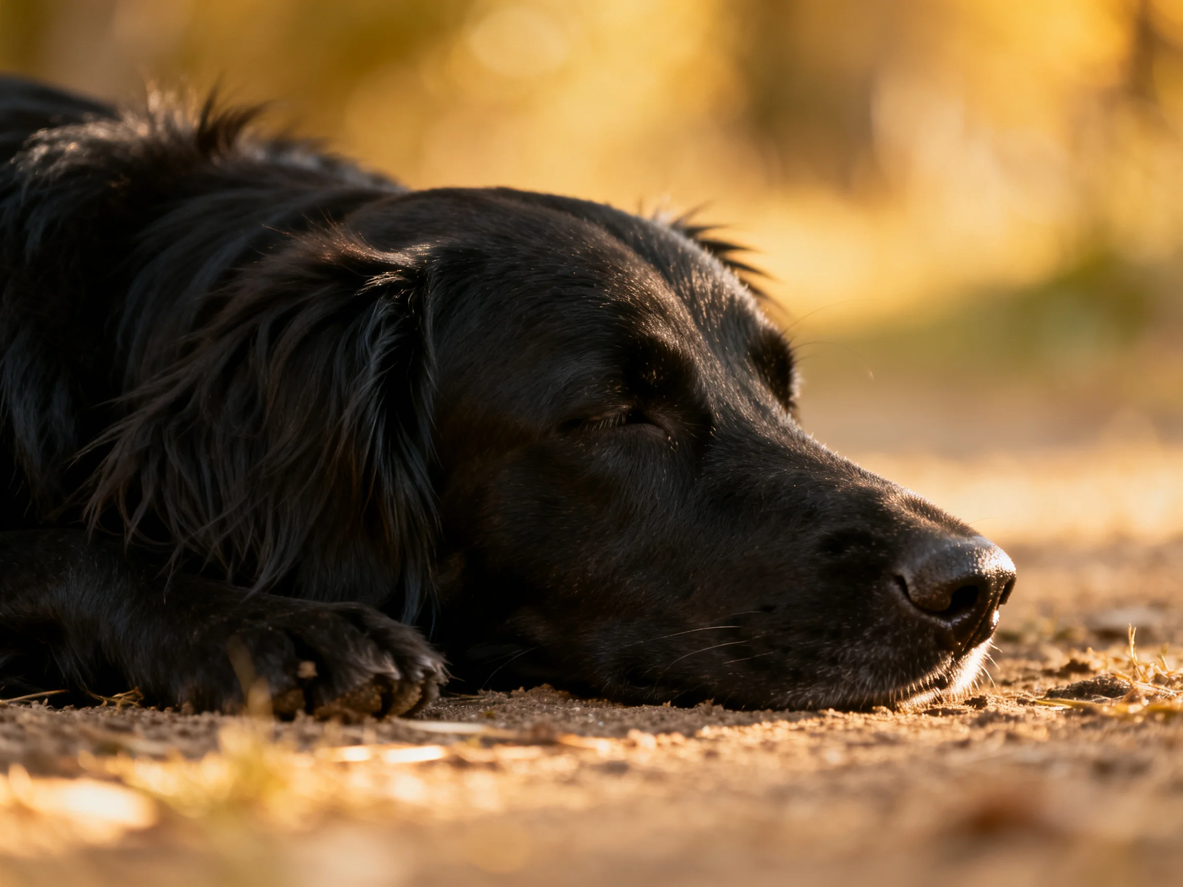 A black dog rests on a sunlit earthy path