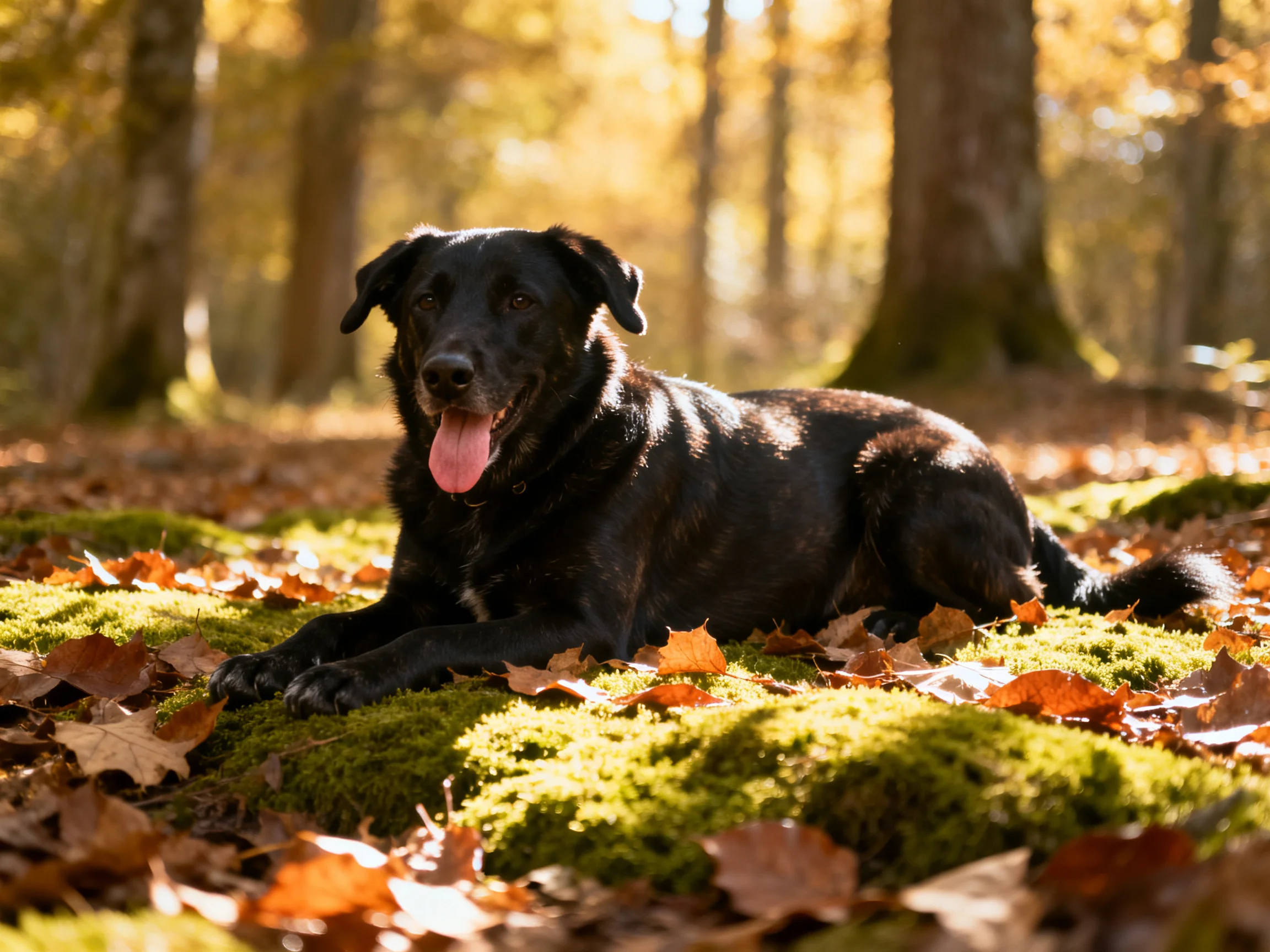 Ablack dog relaxes on moss among fallen leaves in a sunlit forest.
