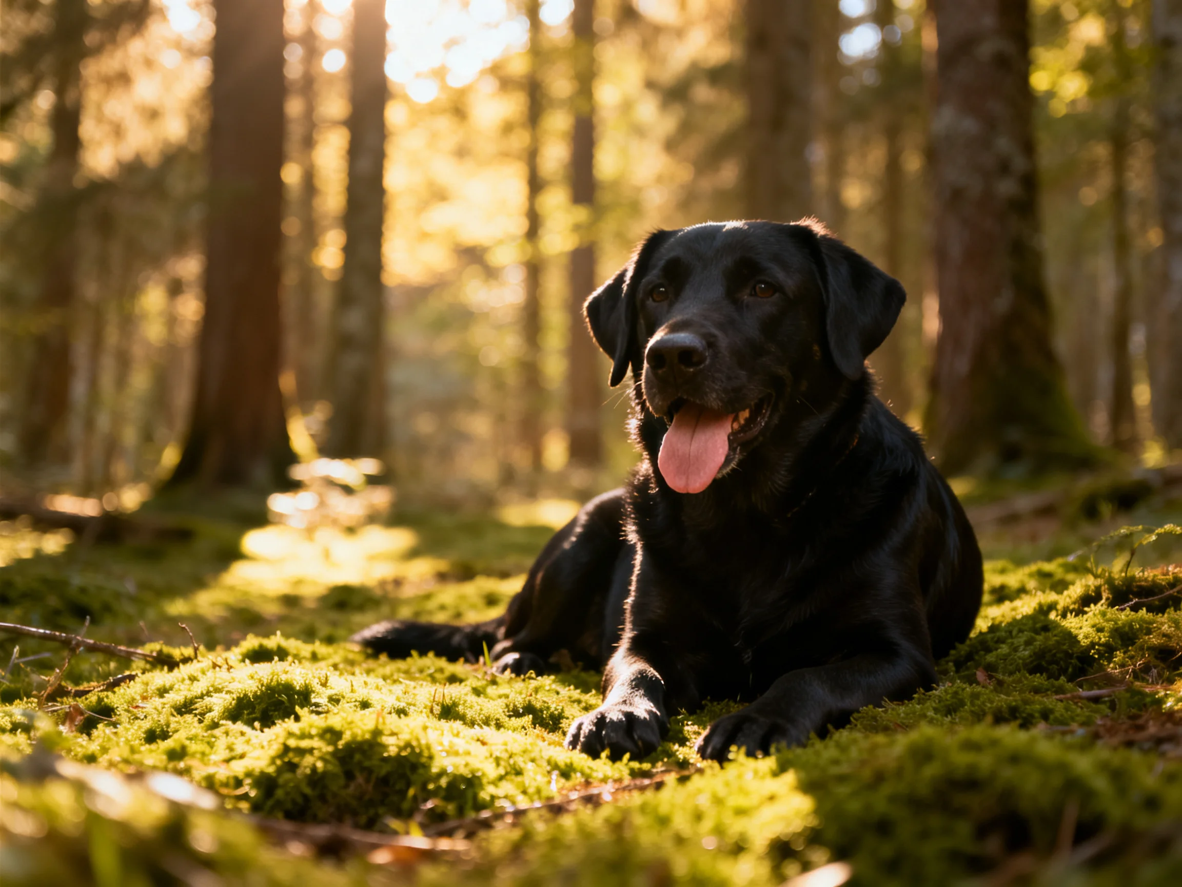A black dog rests on mossy ground amid tall trees with golden sunlight