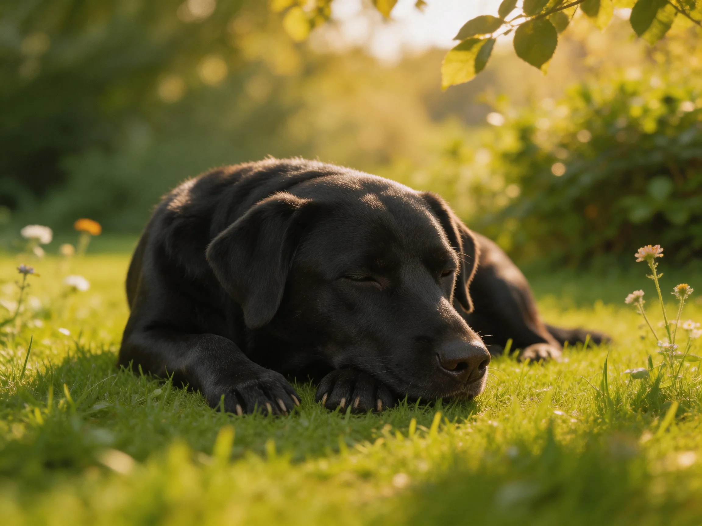 A black dog relaxes on sunlit grass surrounded by wildflowers