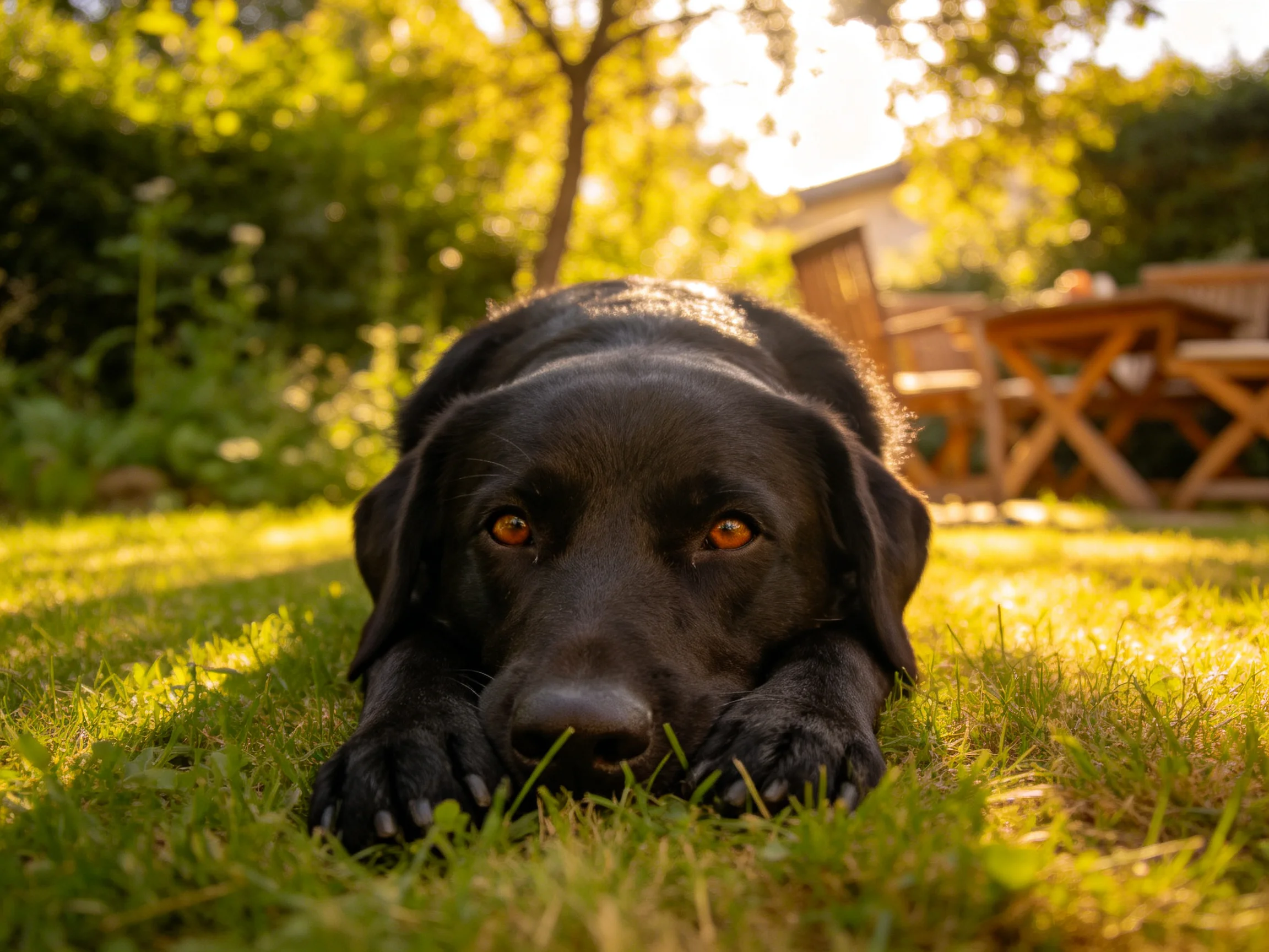 A black dog rests on grass in a sunlit backyard with wooden furniture