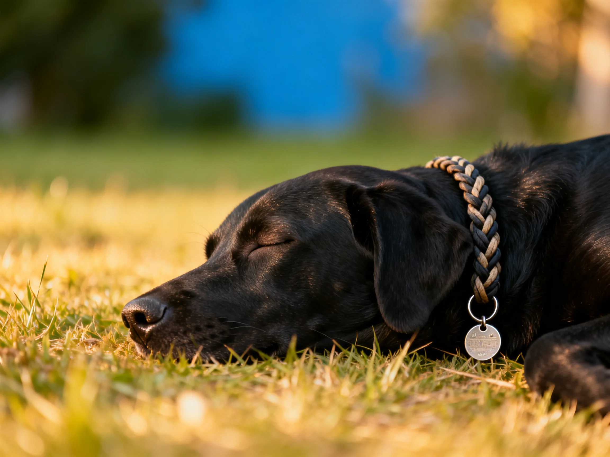 A black dog rests on grass in a sunlit outdoor setting.