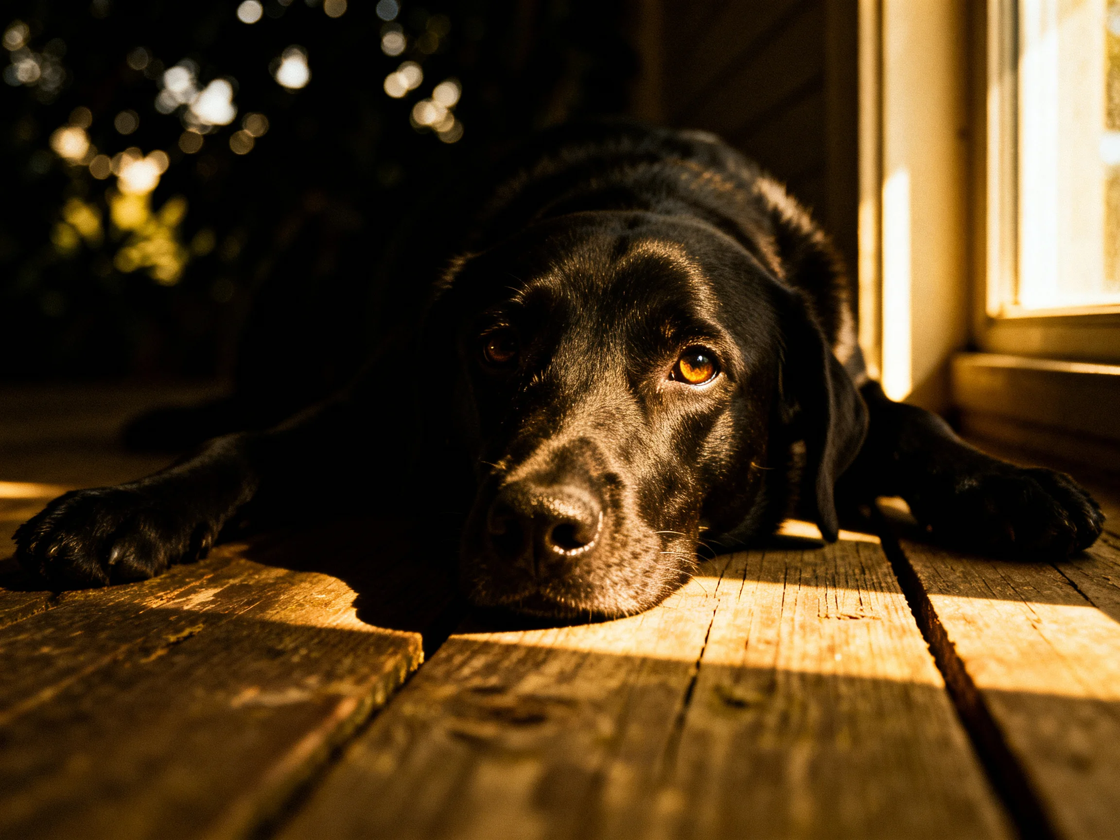 A black dog rests on wooden planks near a sunlit window.