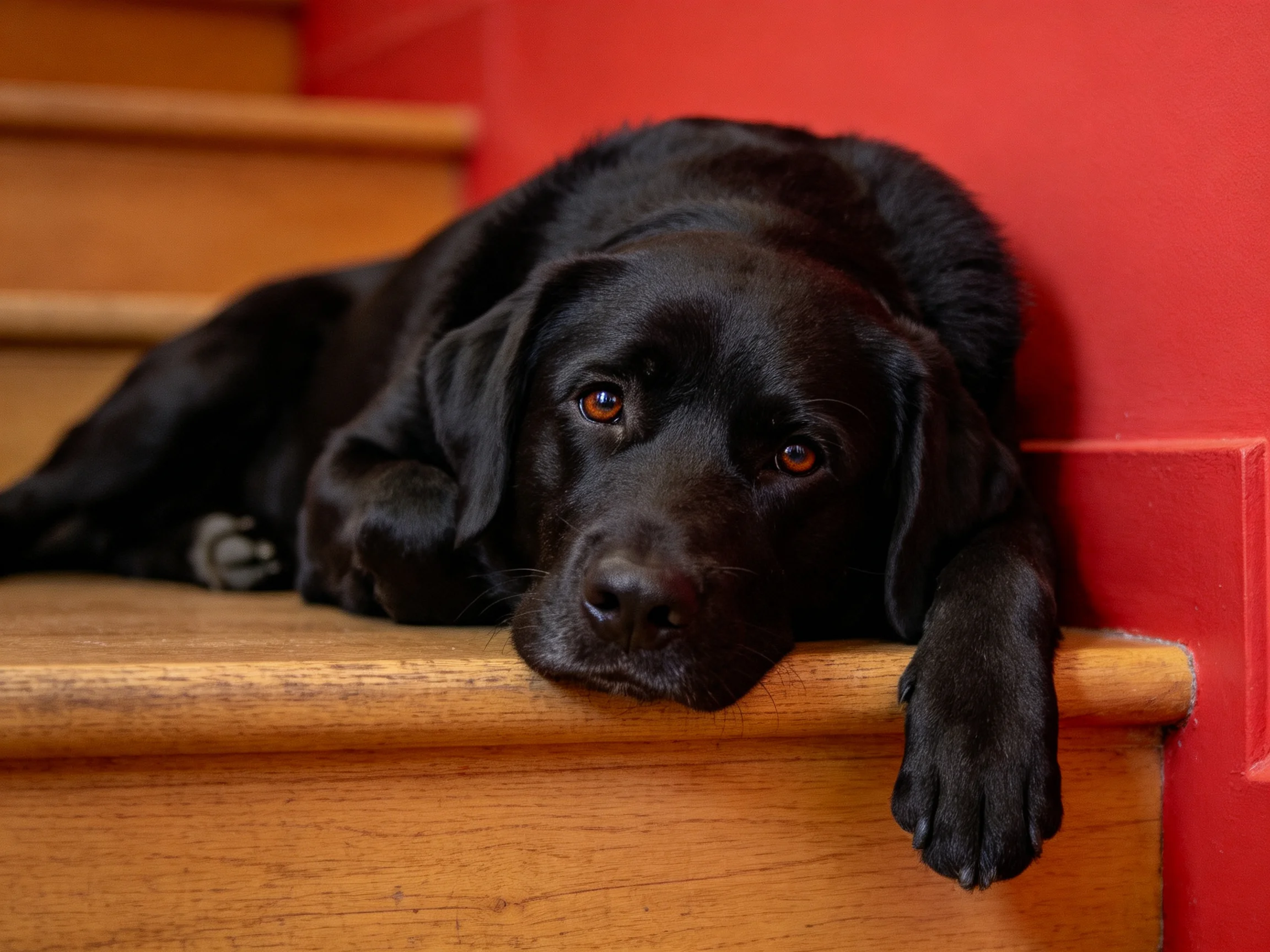 A black dog relaxes on wooden stairs near a red wall.