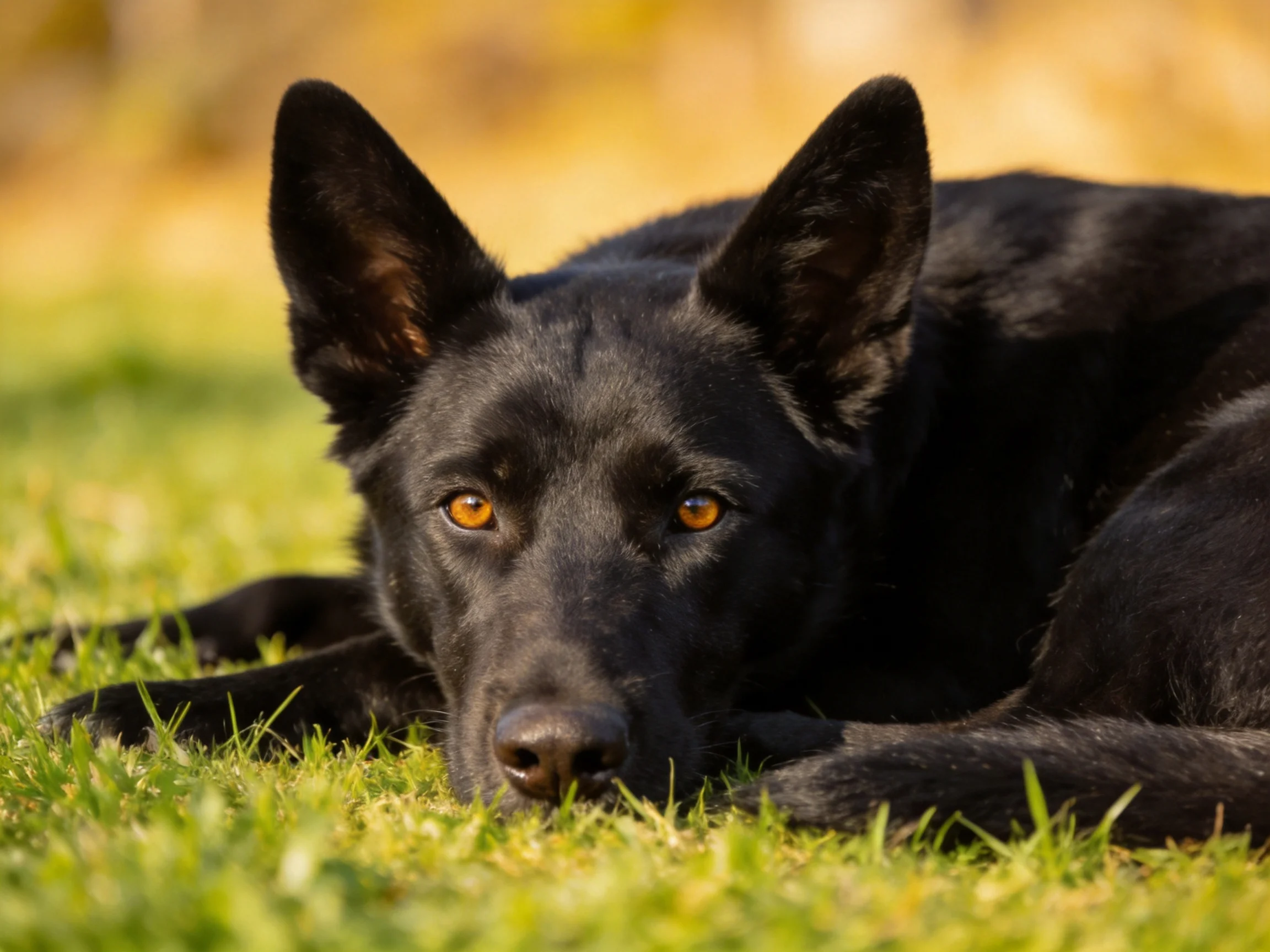 A black dog lies calmly on green grass in a sunlit area.