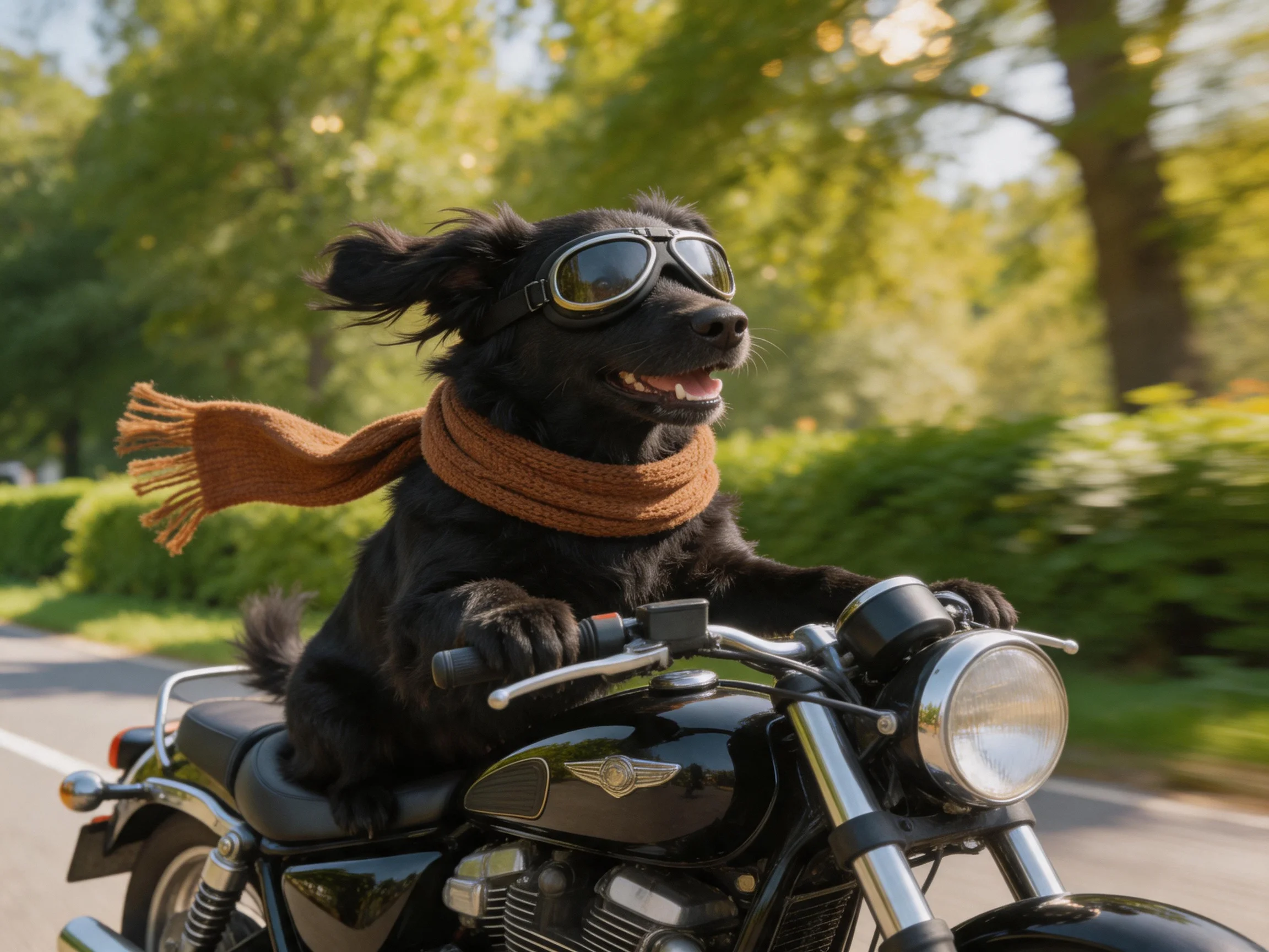A black dog rides a motorcycle wearing a brown scarf and goggles