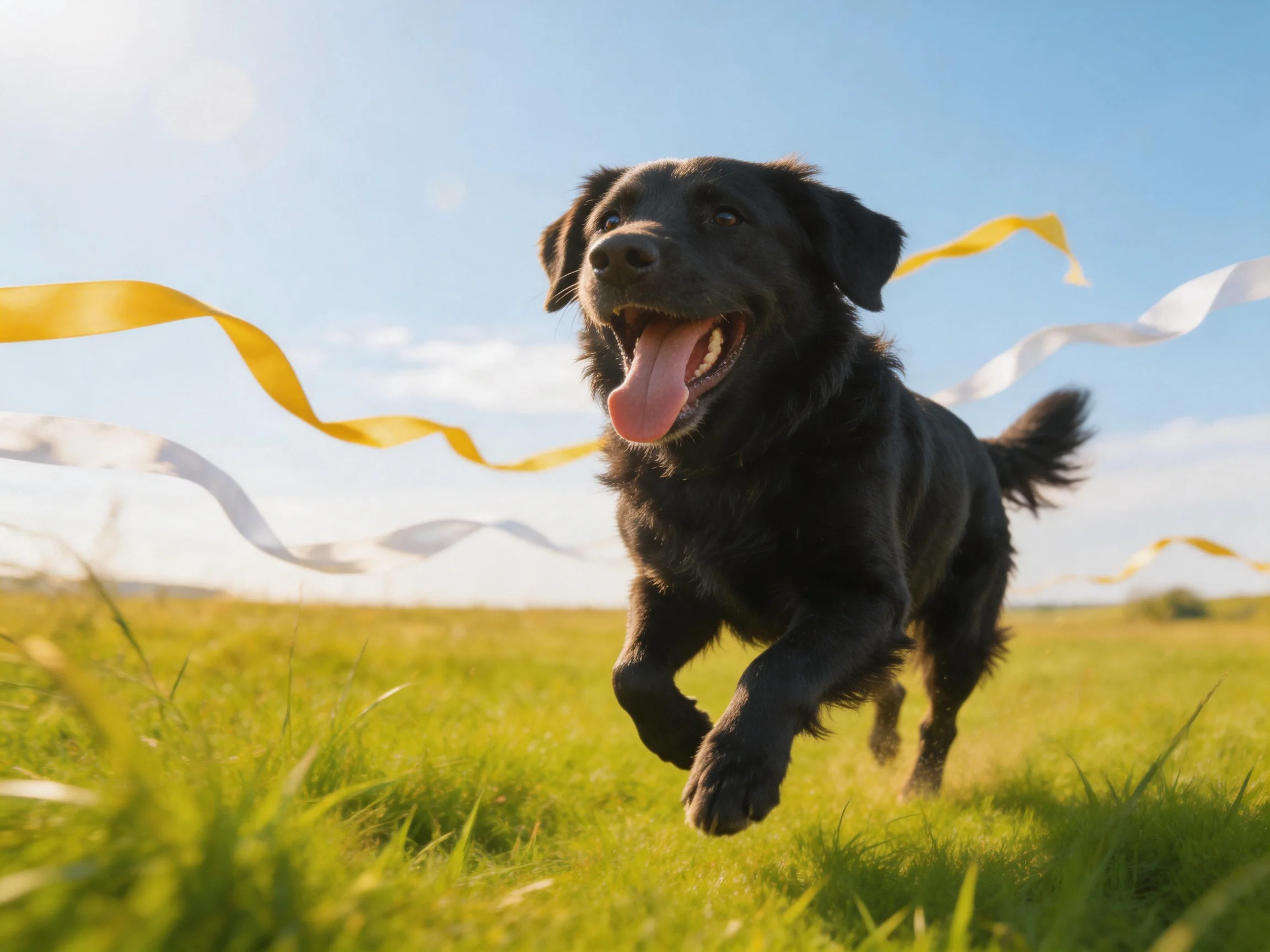 A black dog running through a green meadow with yellow and white streamers
