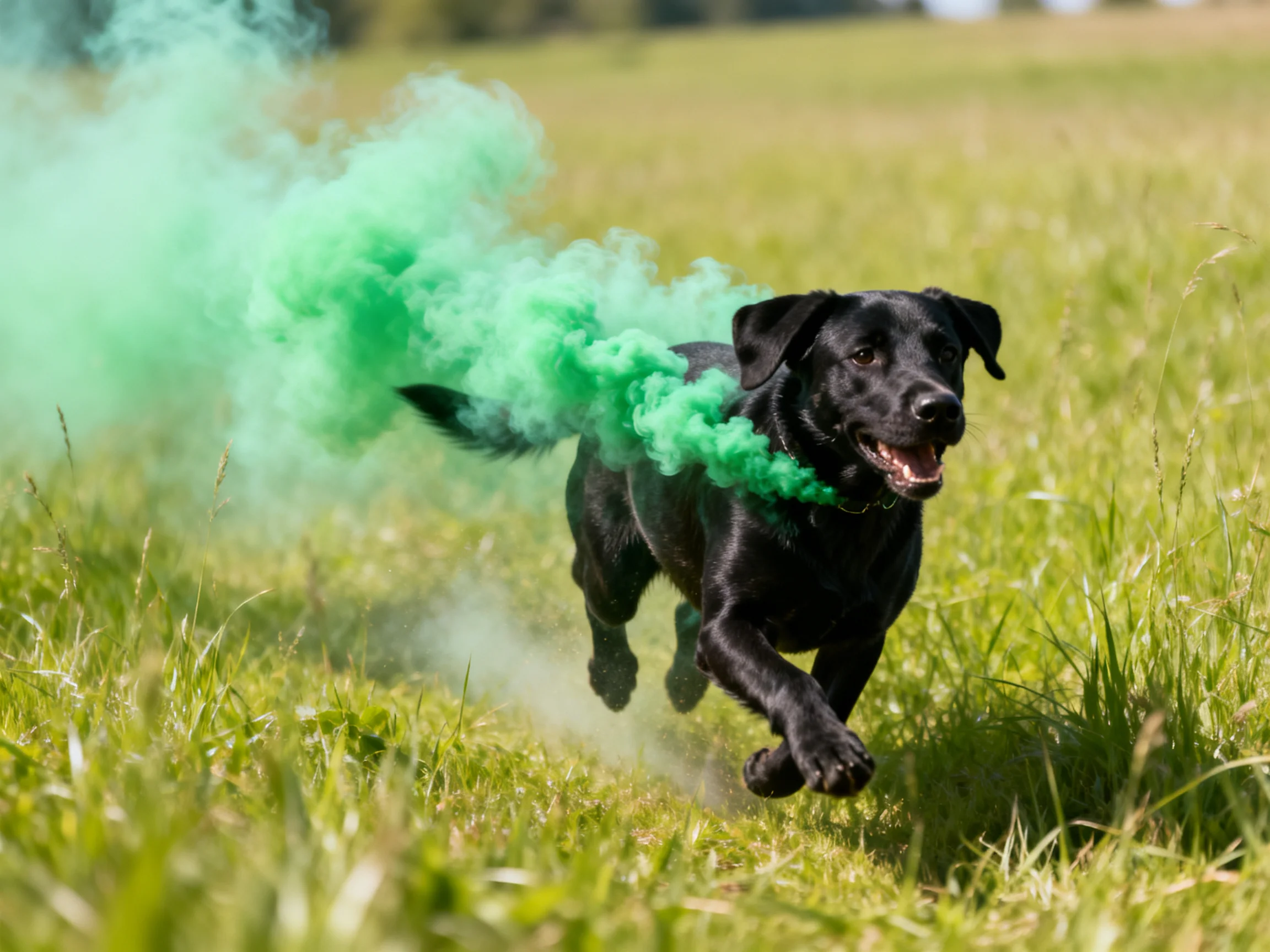 A black dog running through tall grass with bright green smoke