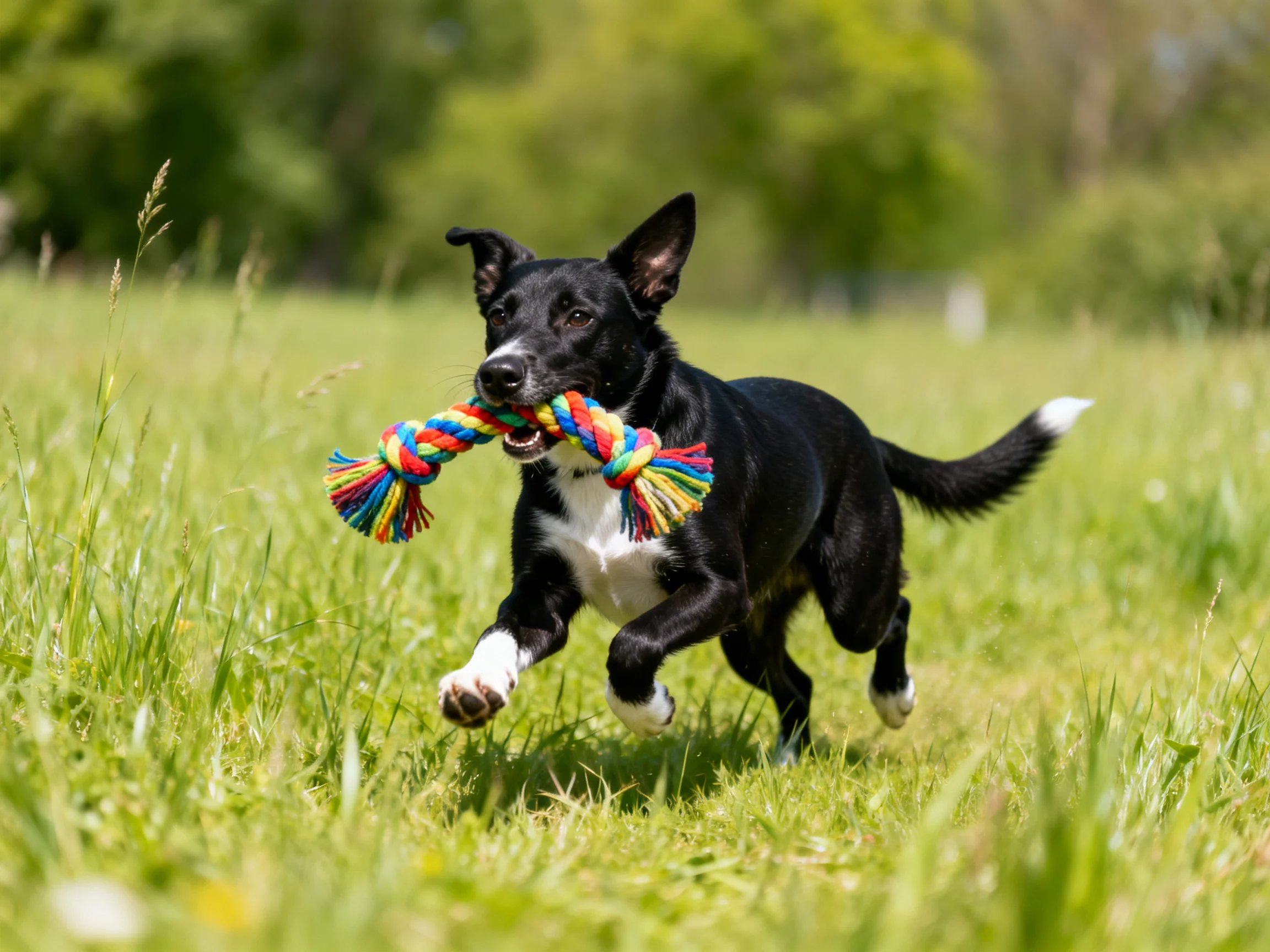 A black dog runs through a grassy field carrying a colorful rope toy.