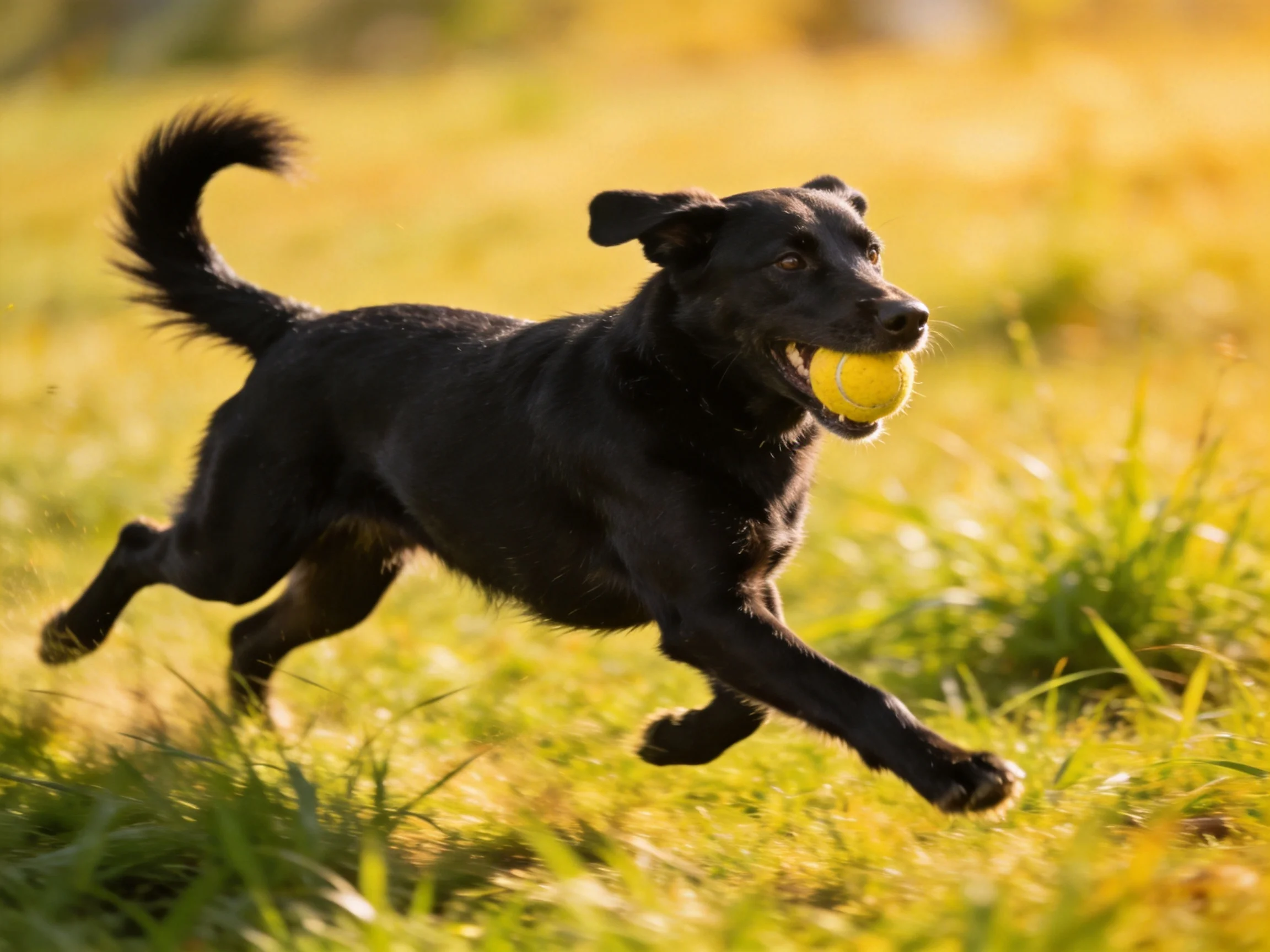 A black dog runs through grass carrying a yellow tennis ball