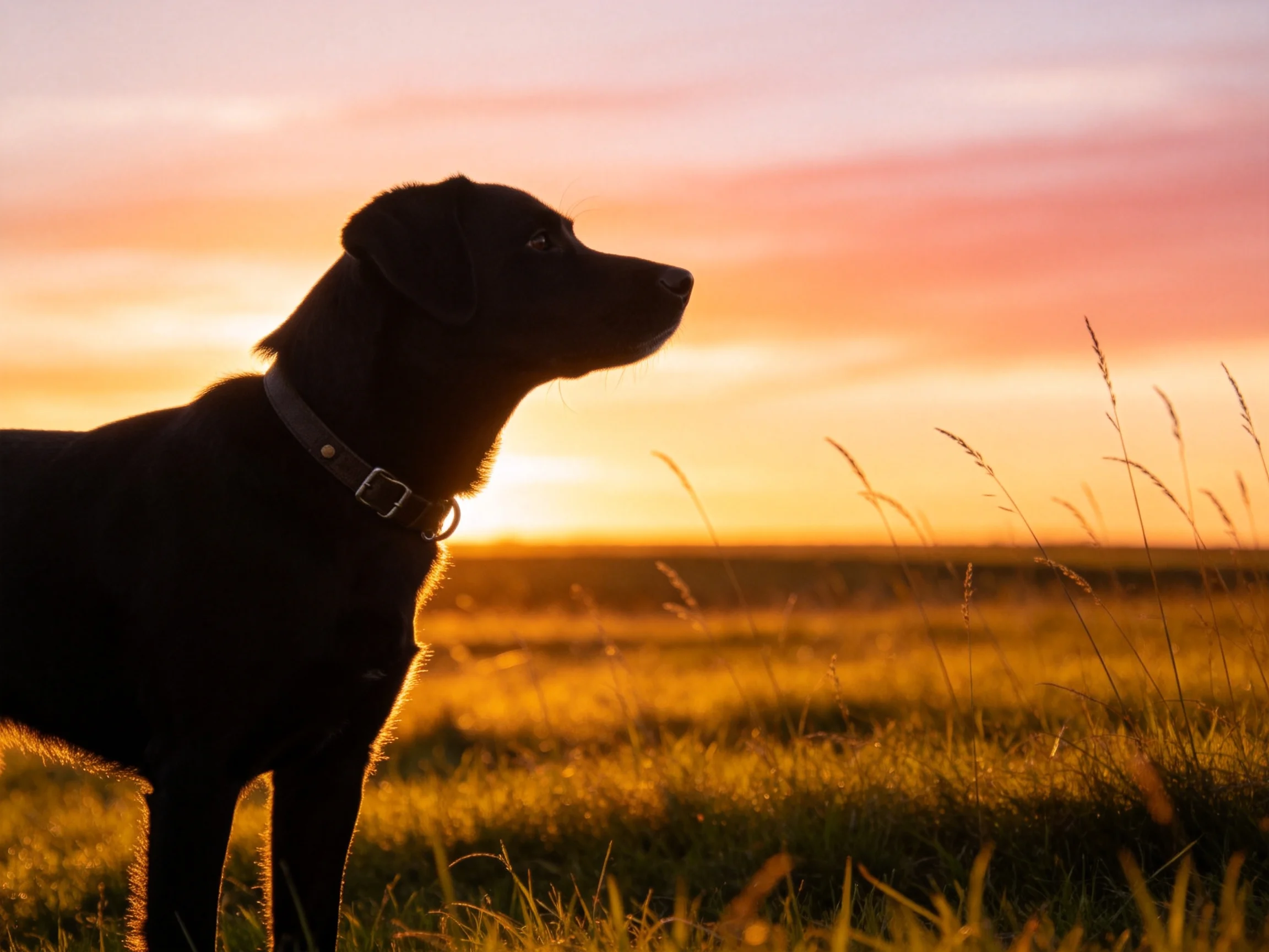 A black dog silhouetted against a vibrant sunset over golden fields