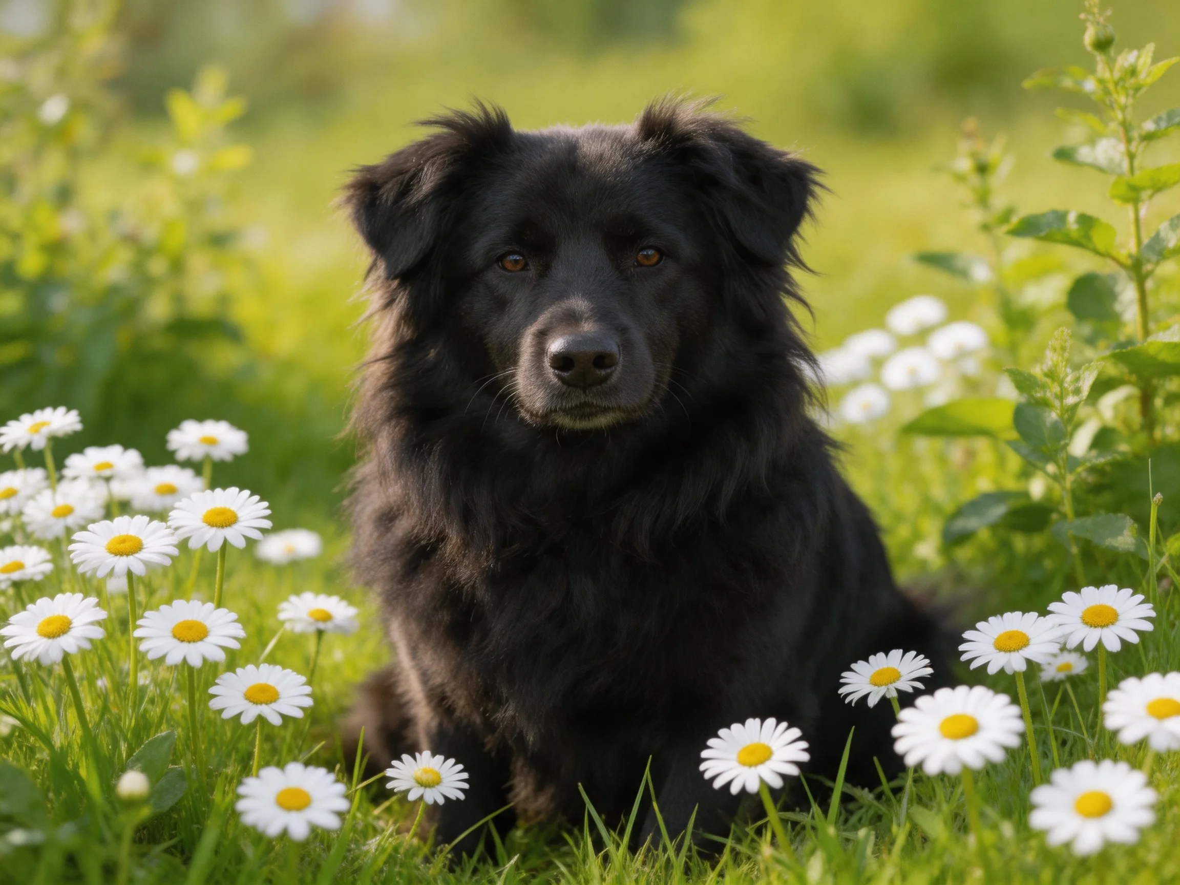 A black dog rests among white daisies in a sunlit meadow.