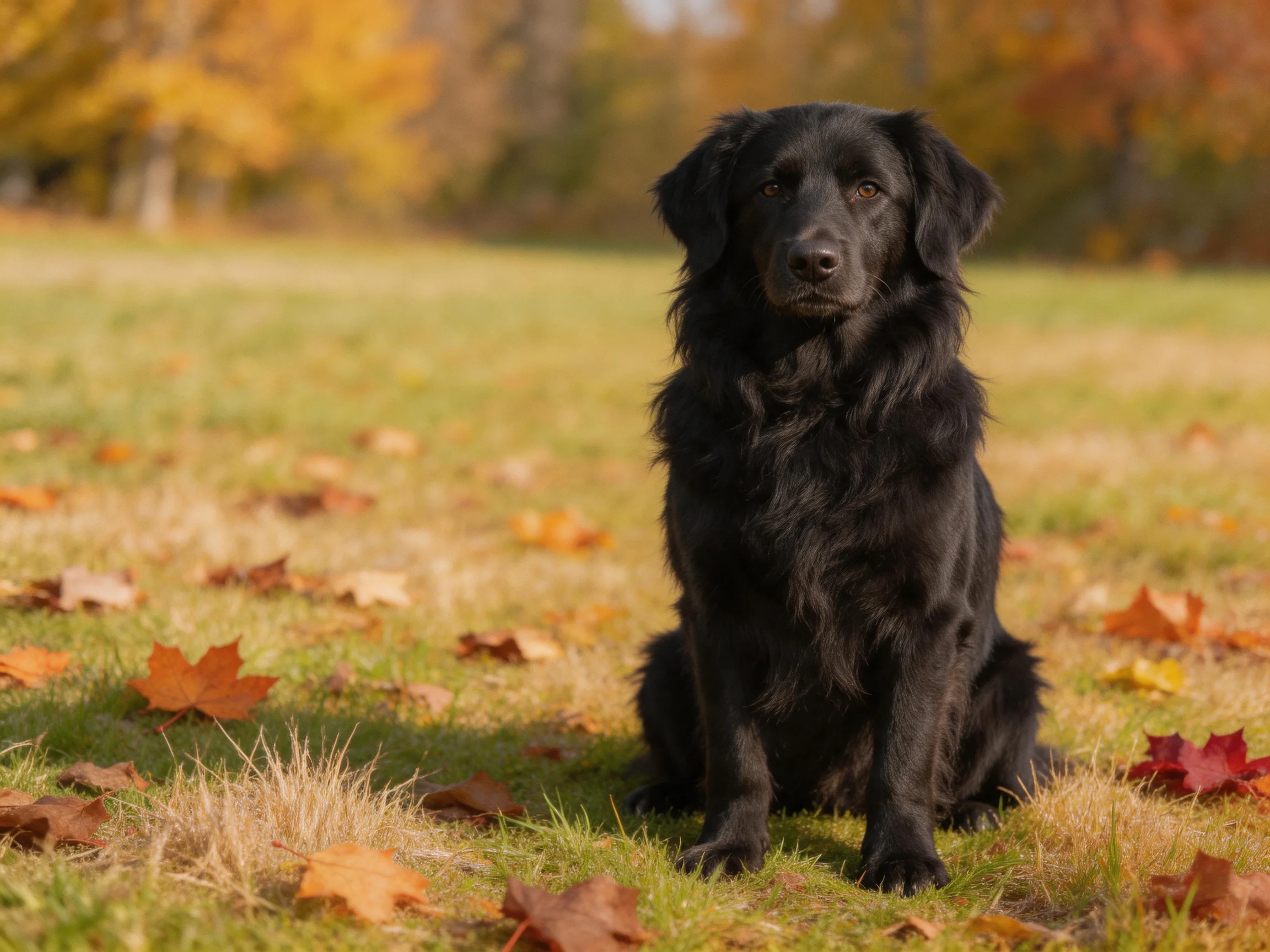 A black dog sits calmly among fallen autumn leaves in a sunlit outdoor setting.