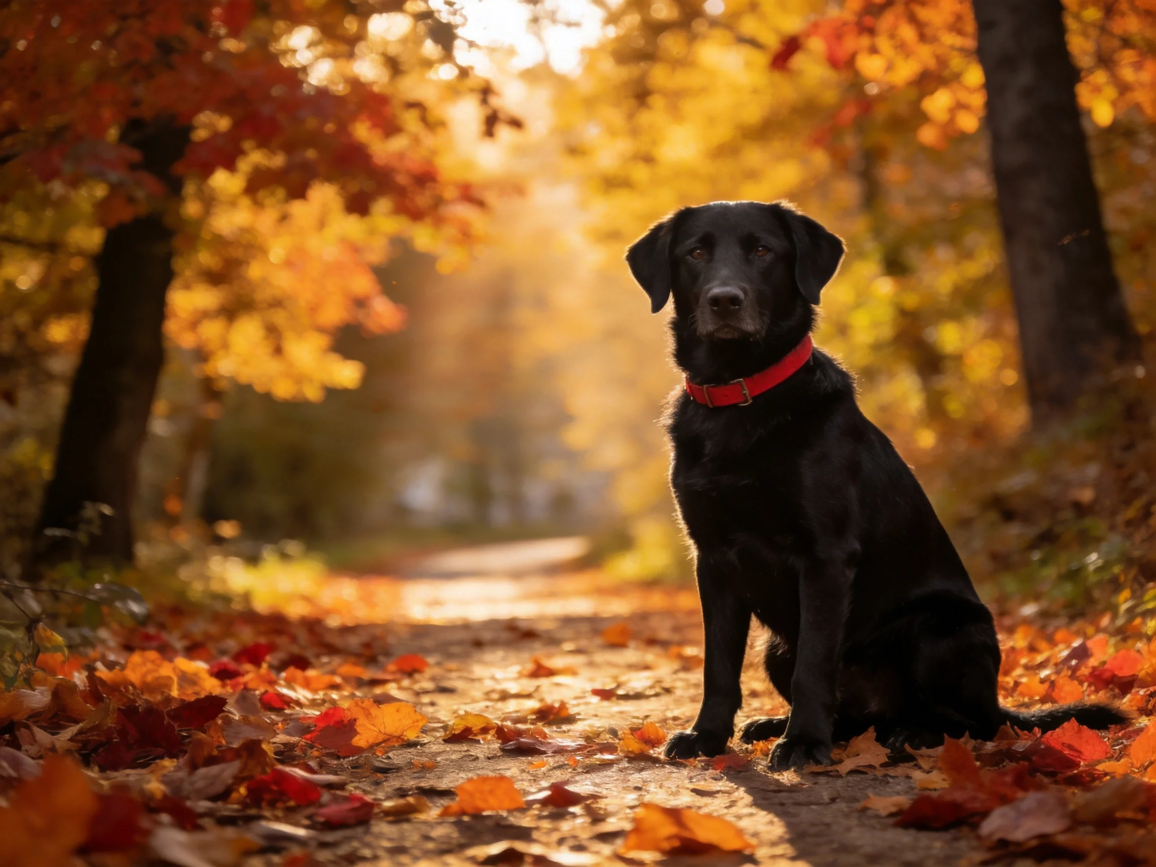 A black dog sits amid vibrant fall foliage on a leaf - strewn path