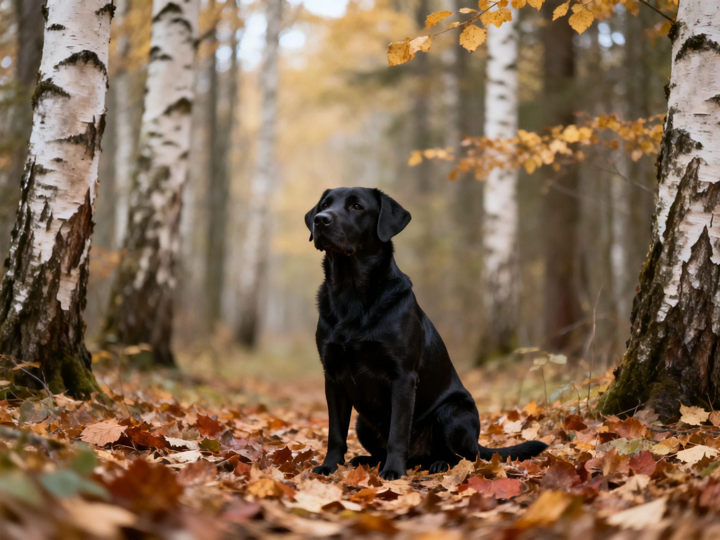 A black dog sits calmly among fallen autumn leaves in a forest with white-barked trees.