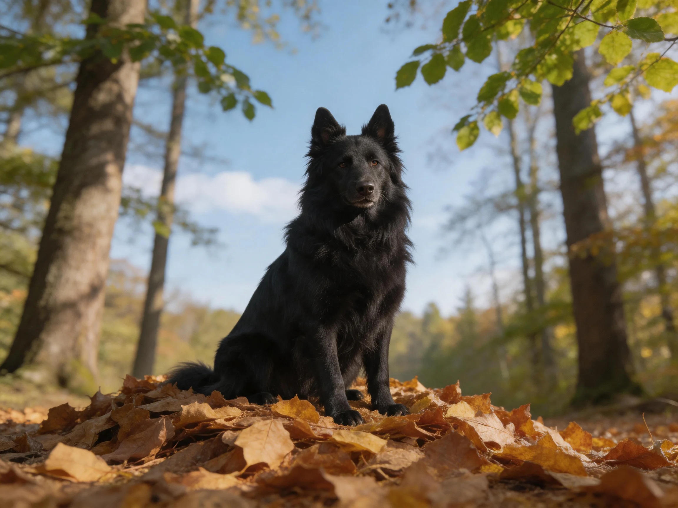 A black dog rests amid autumn leaves in a sunlit forest.
