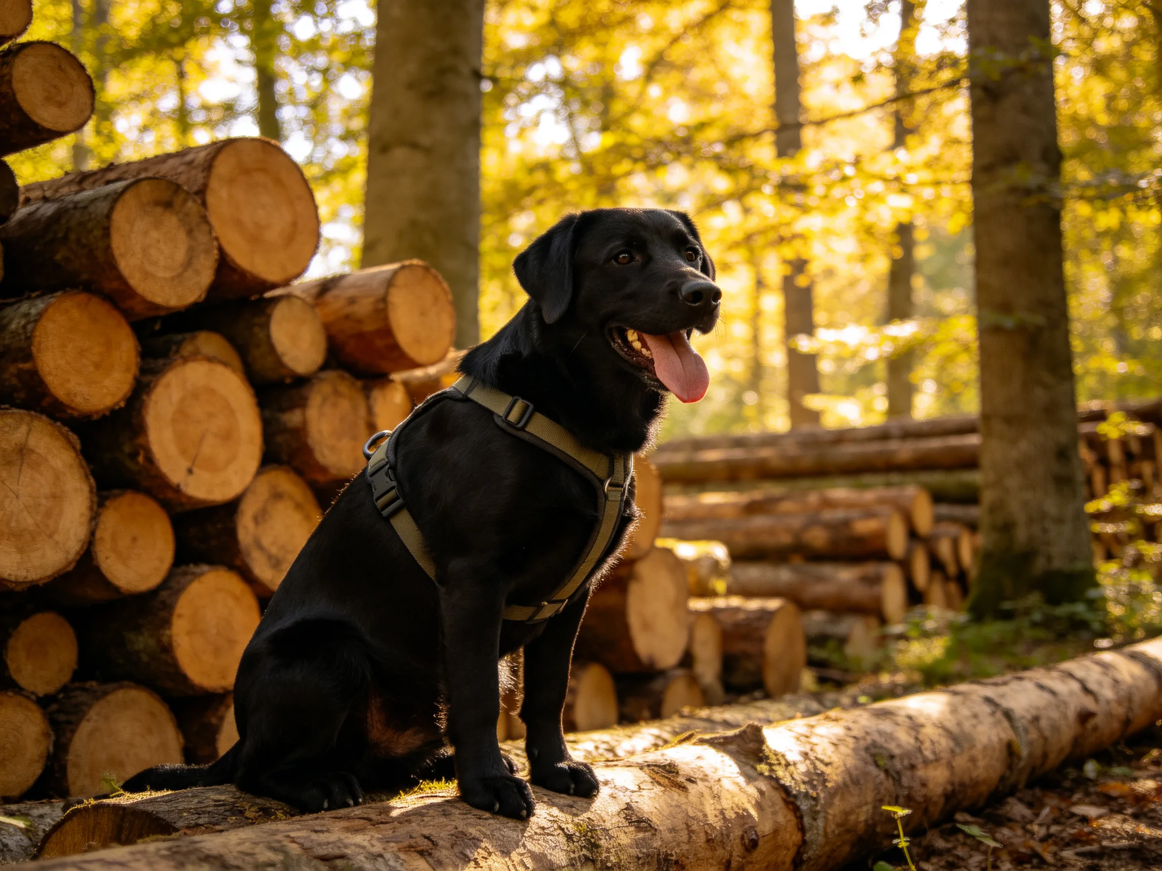 A black dog sits near stacked tree logs in a sunlit forest.