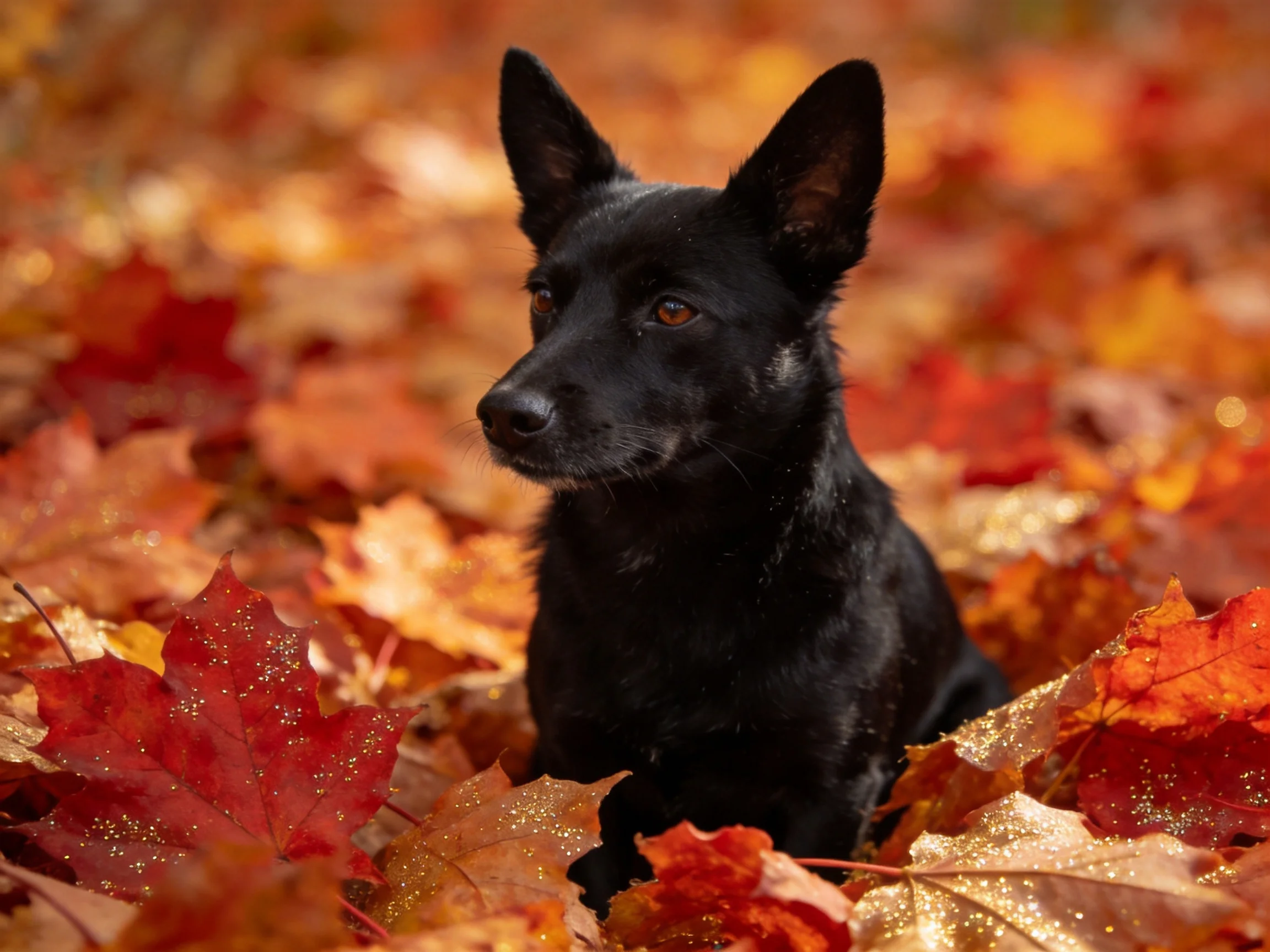 A black dog is among colorful autumn leaves.