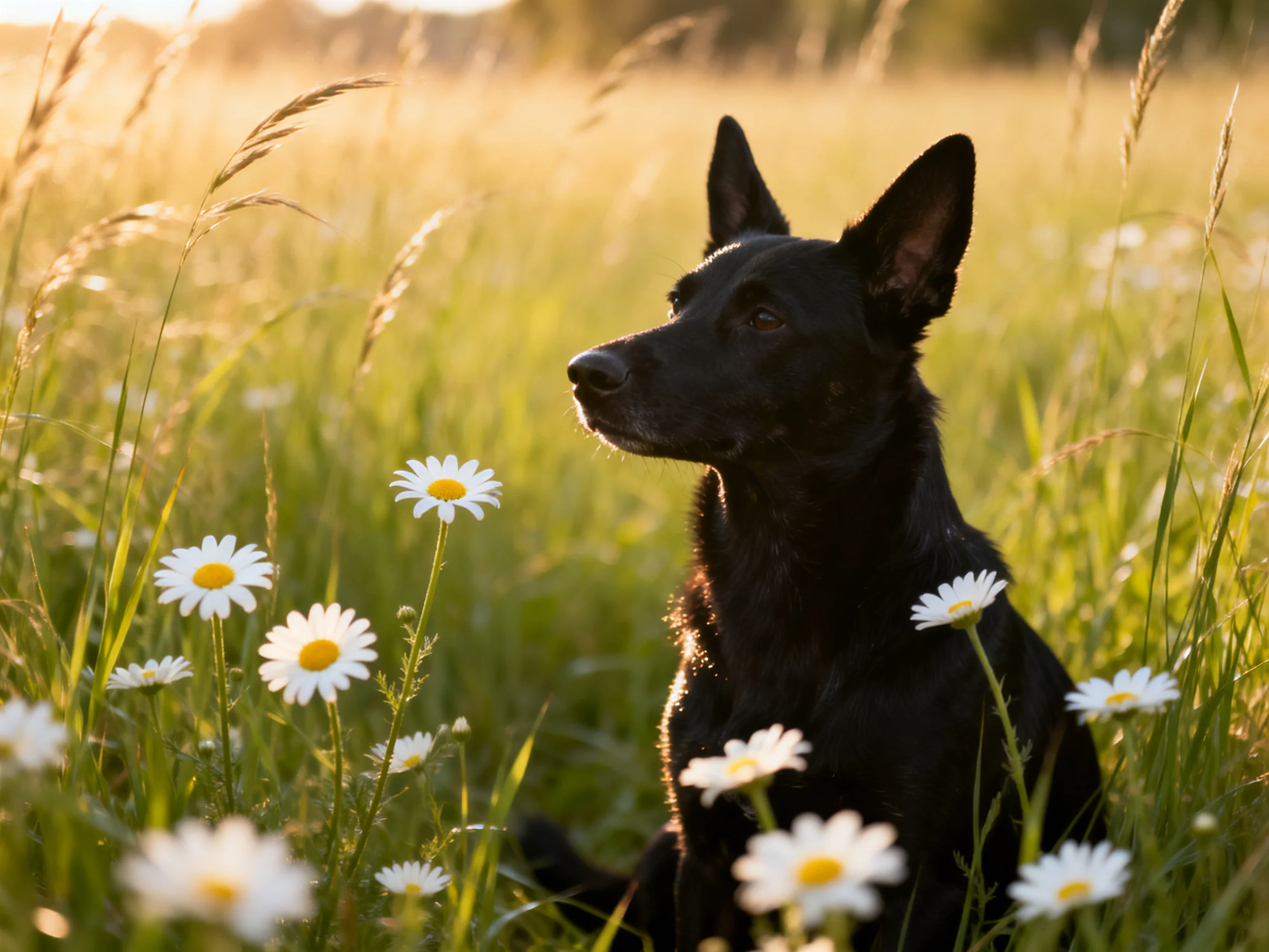 A black dog rests amid daisies in a sunlit grassy field.
