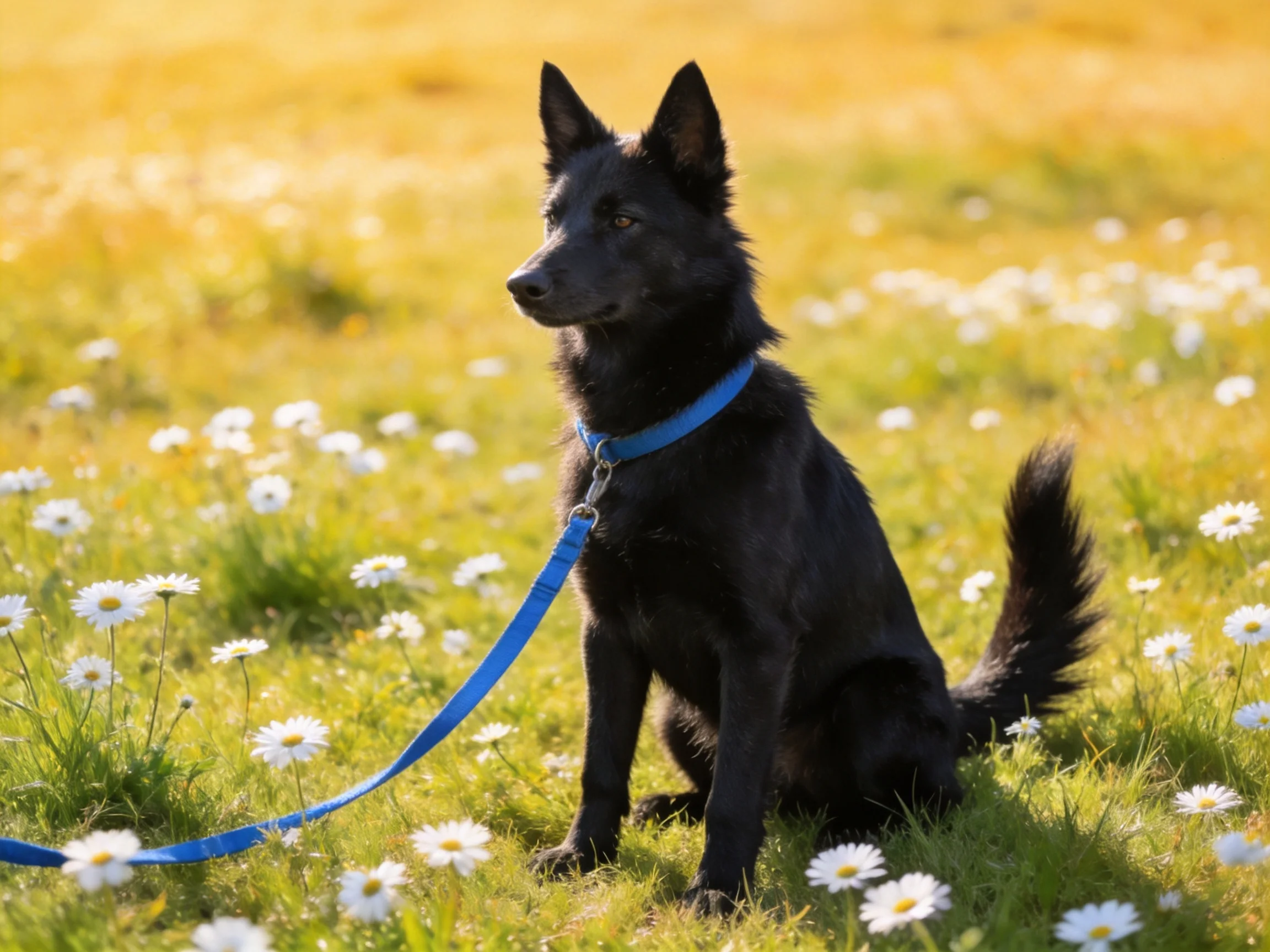 A black dog sits among white daisies in a sunny meadow