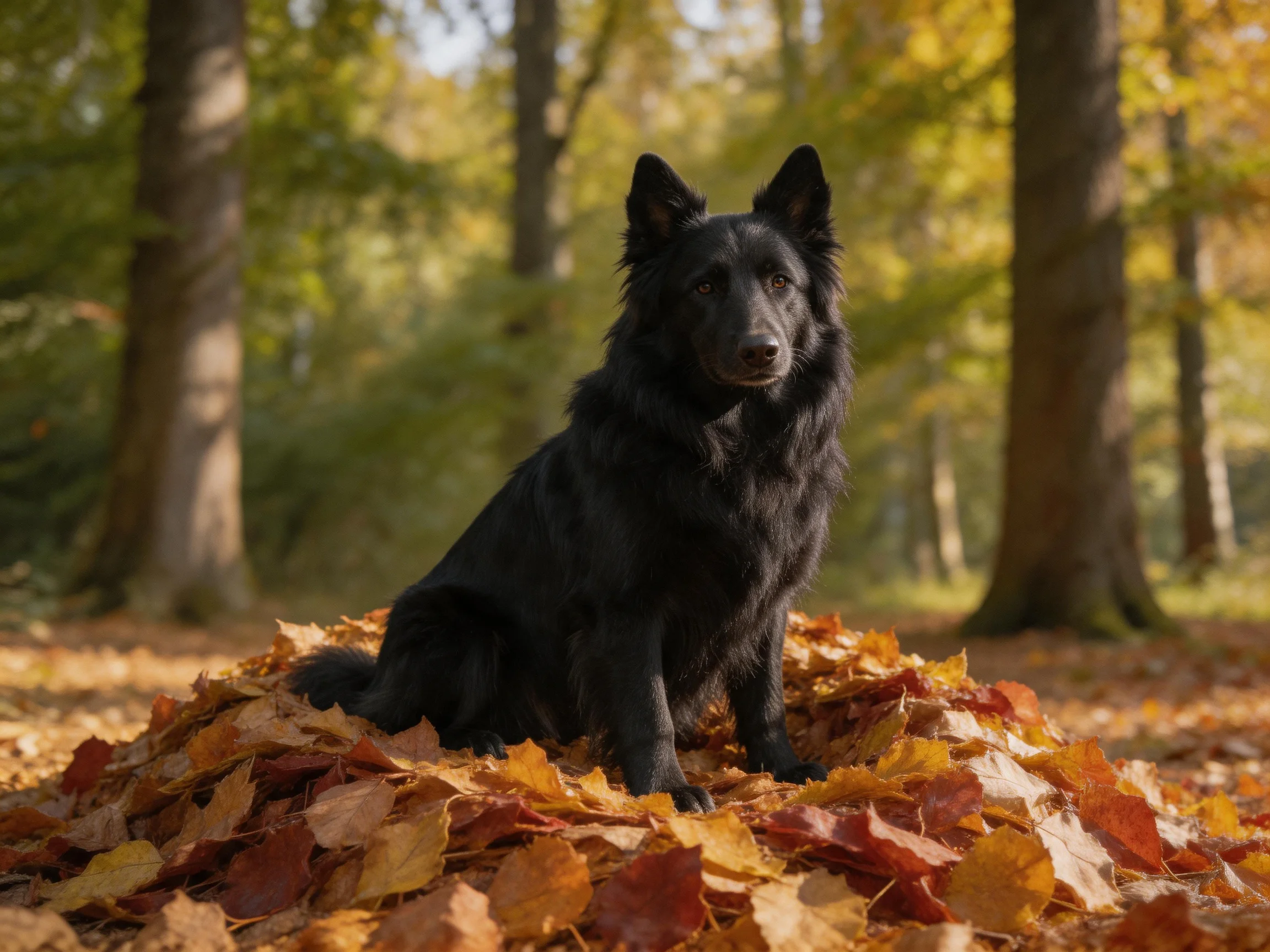 A black dog rests on a pile of autumn leaves in a sunlit forest.