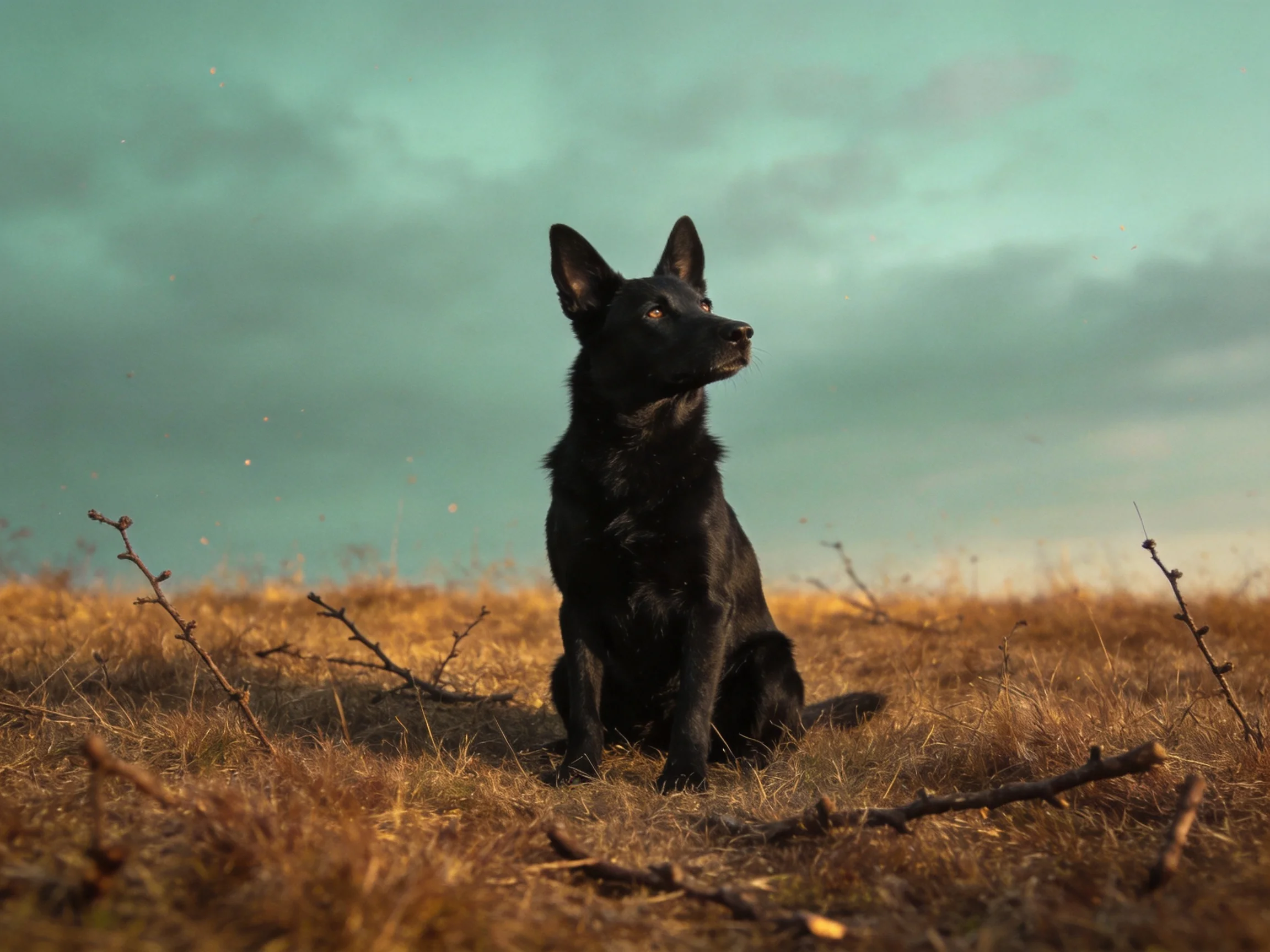 A black dog sits attentively in a golden field under a cloudy sky
