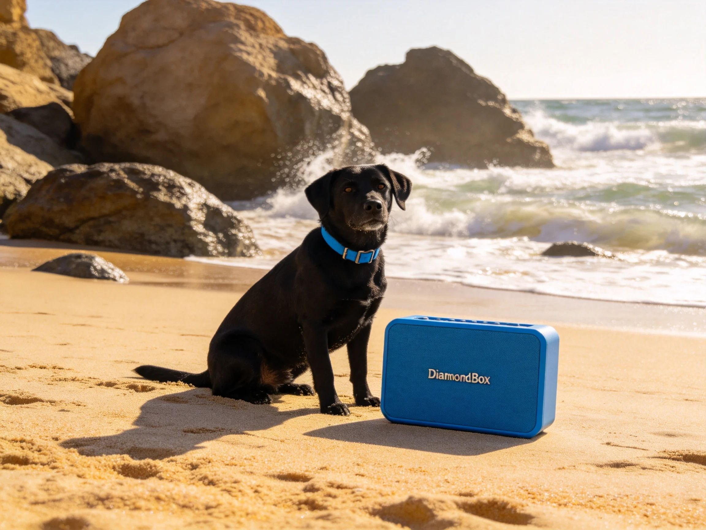 A black dog sits next to a blue DiamondBox speaker on a sandy beach near rocky shores.
