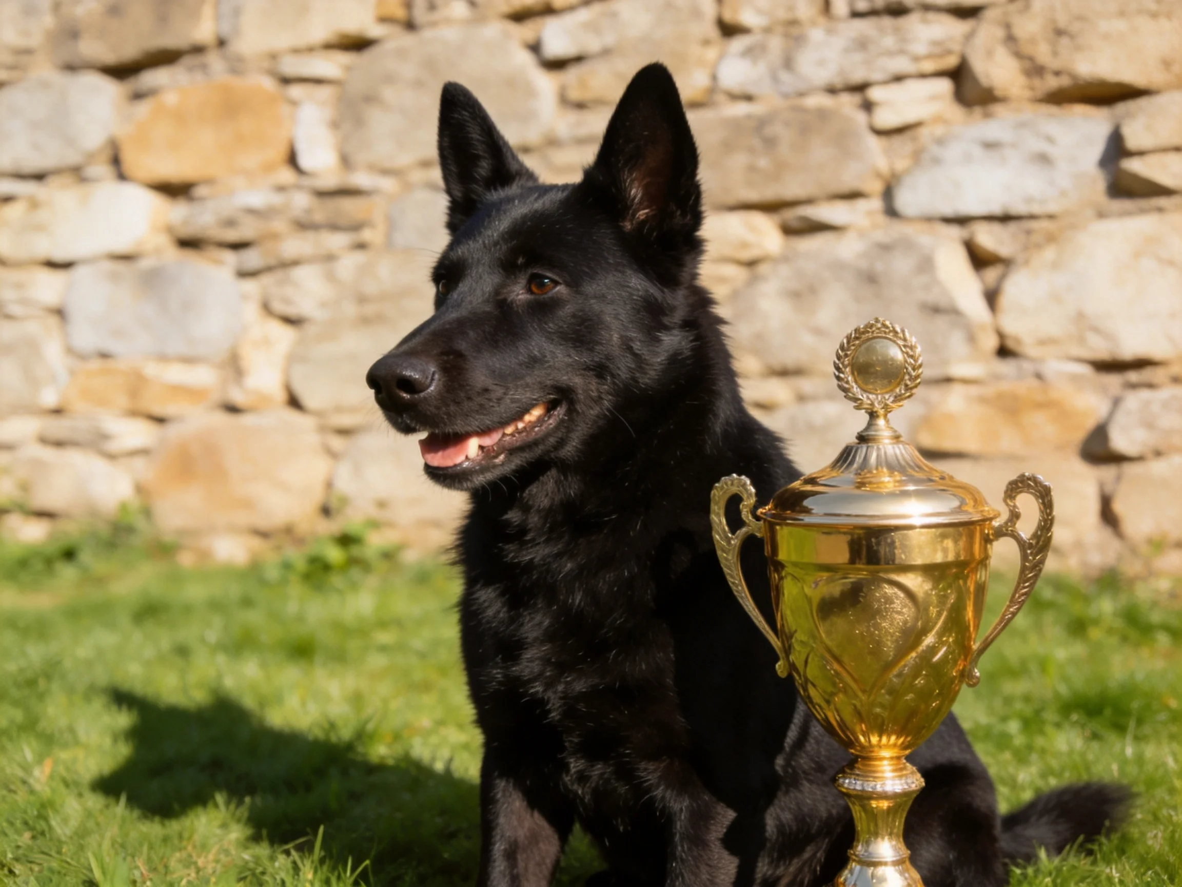 A black dog rests next to a golden trophy near a stone wall.