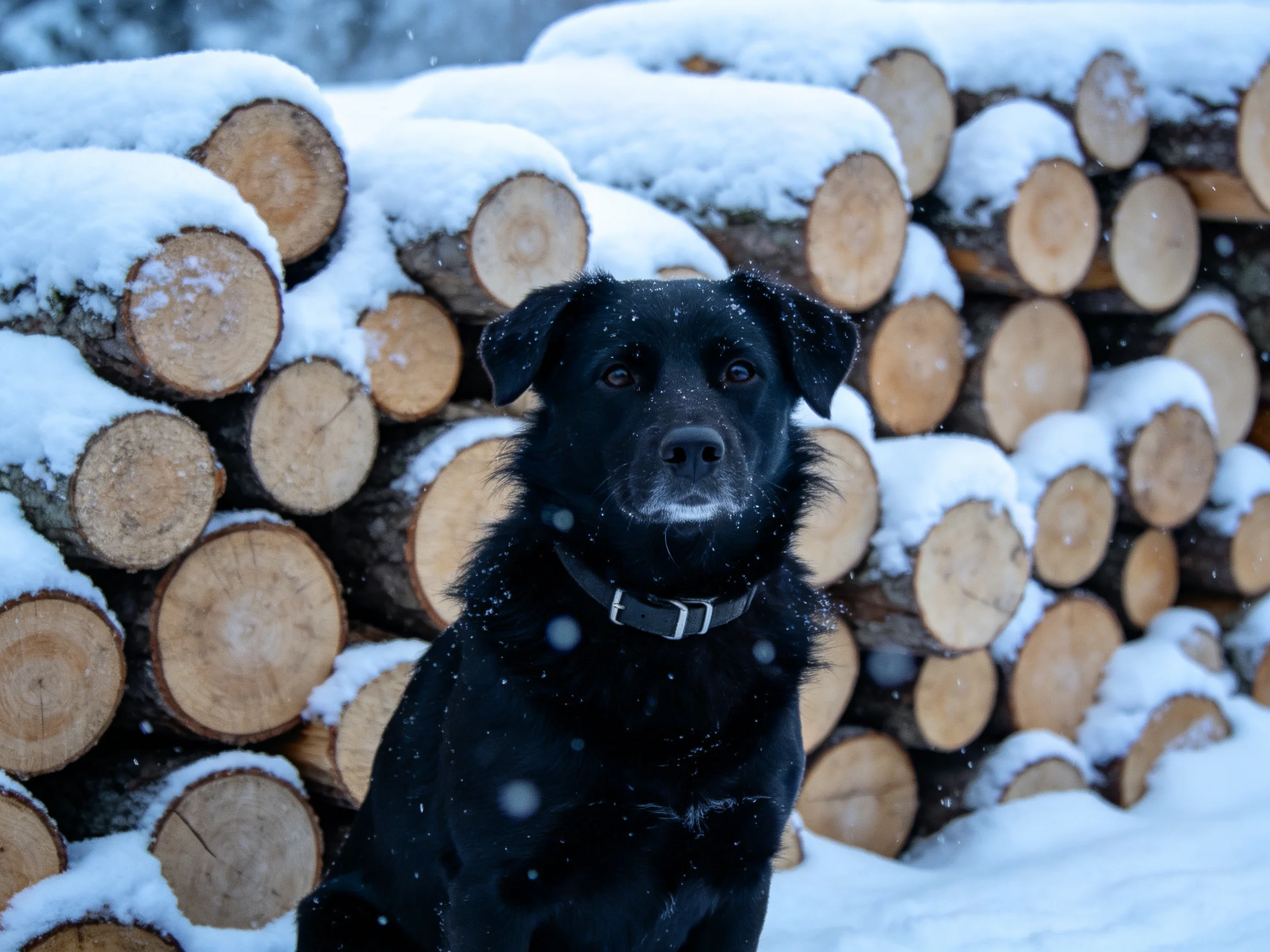 A black dog is near a substantial stack of snow-laden logs.