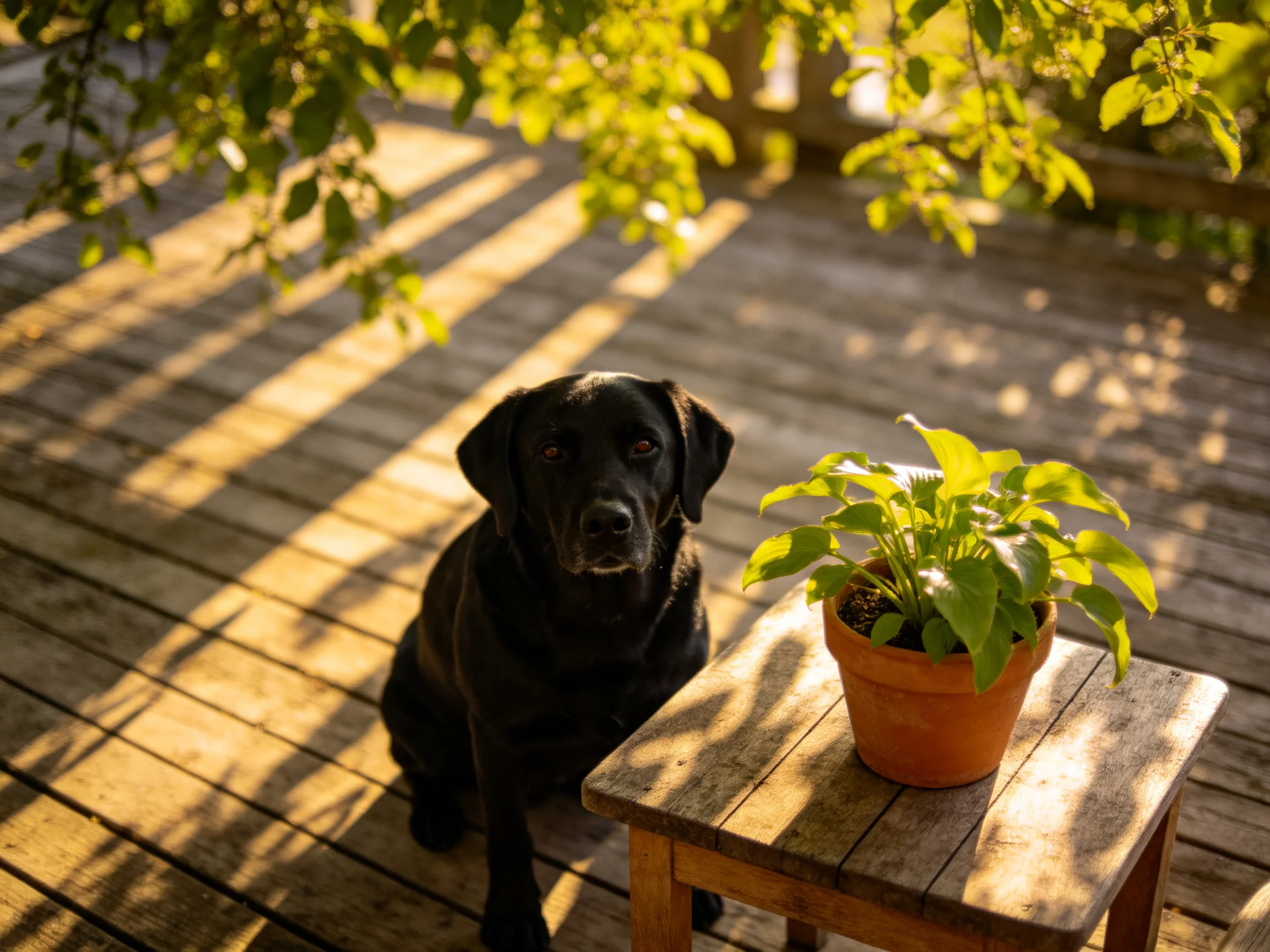 A black dog sits beside a terracotta potted plant on a sunlit wooden deck