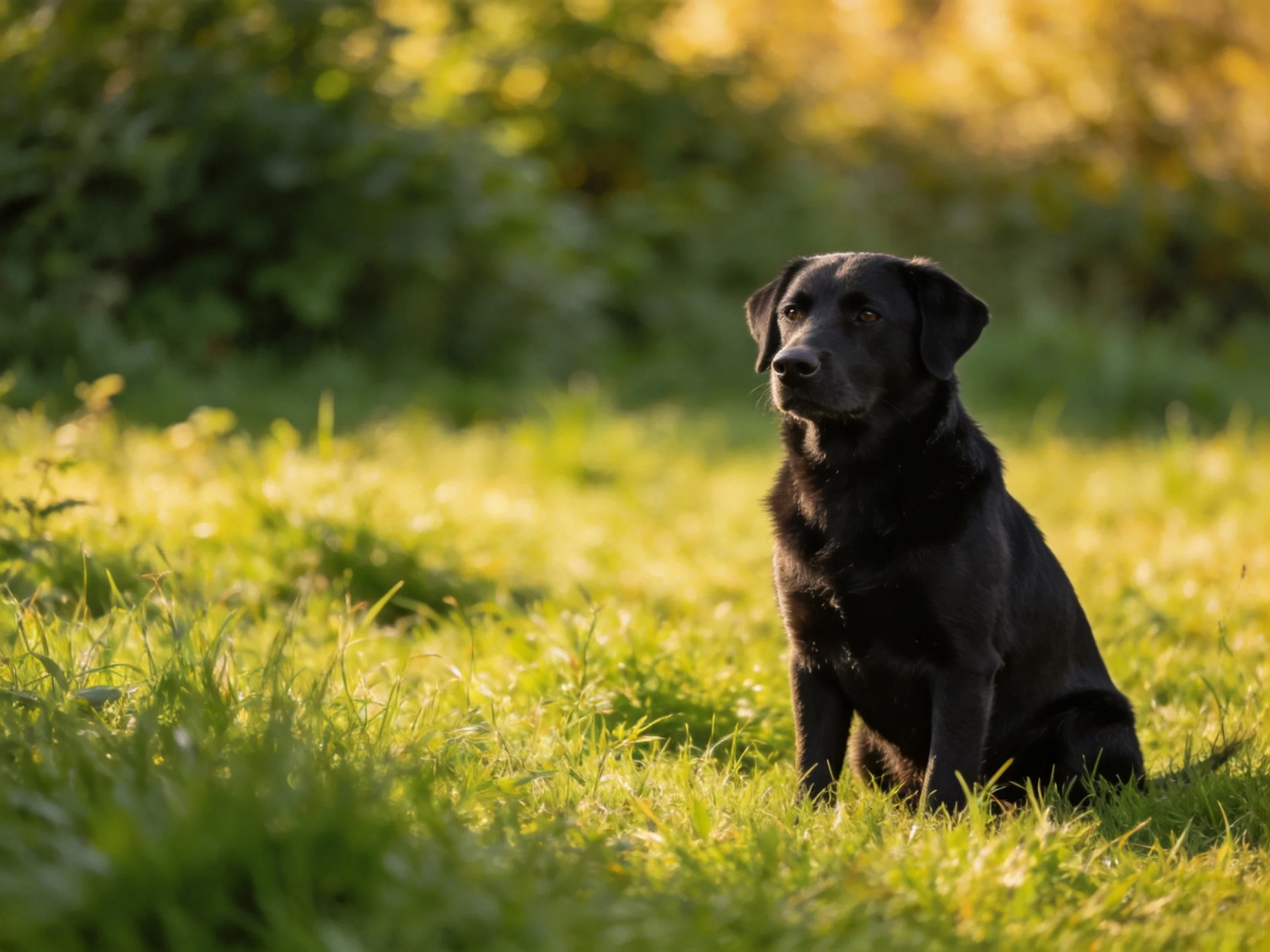 A black dog sits quietly among lush green grass in bright daylight.