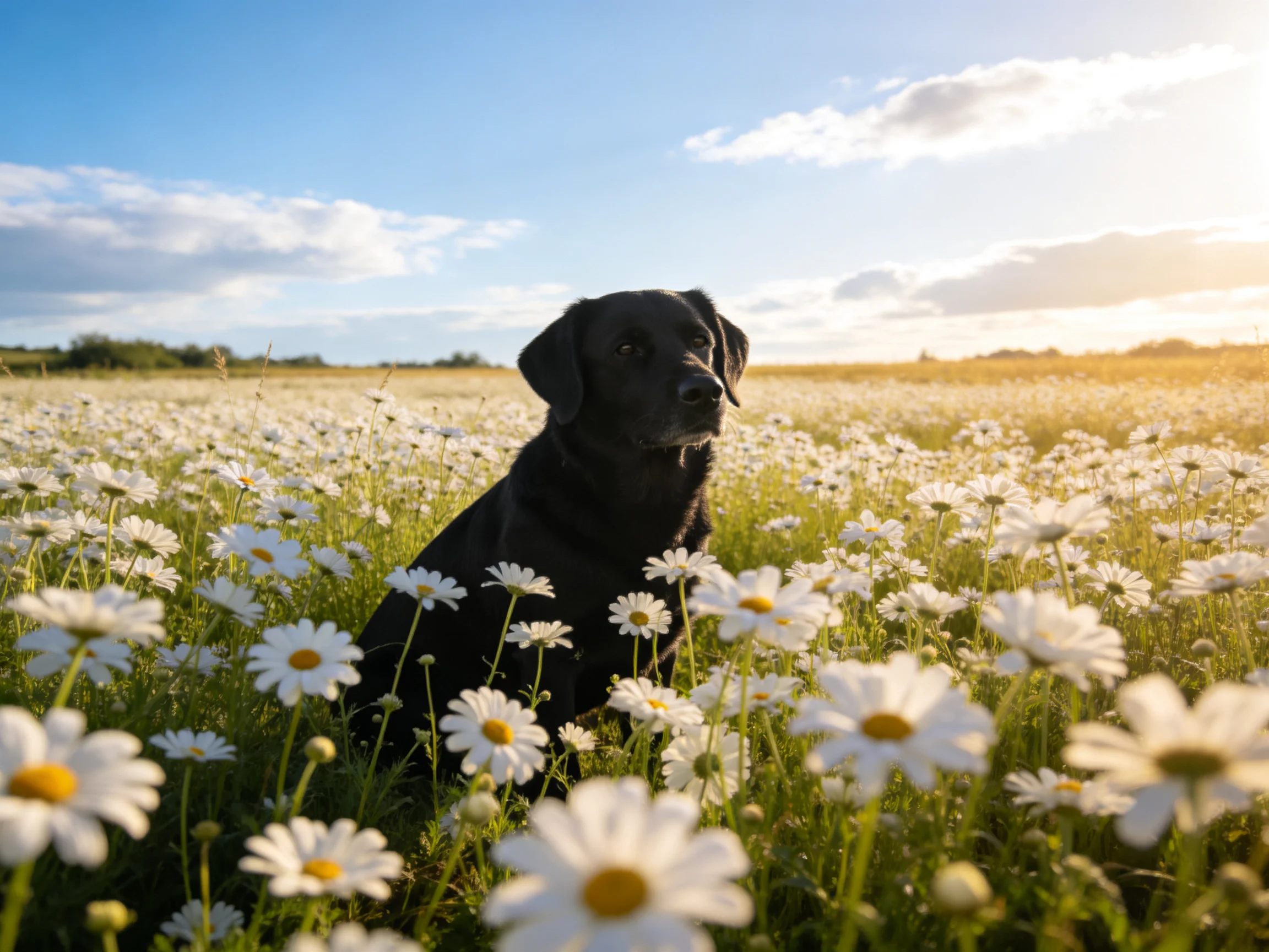 A black dog sits in a field of white daisies under golden sunlight