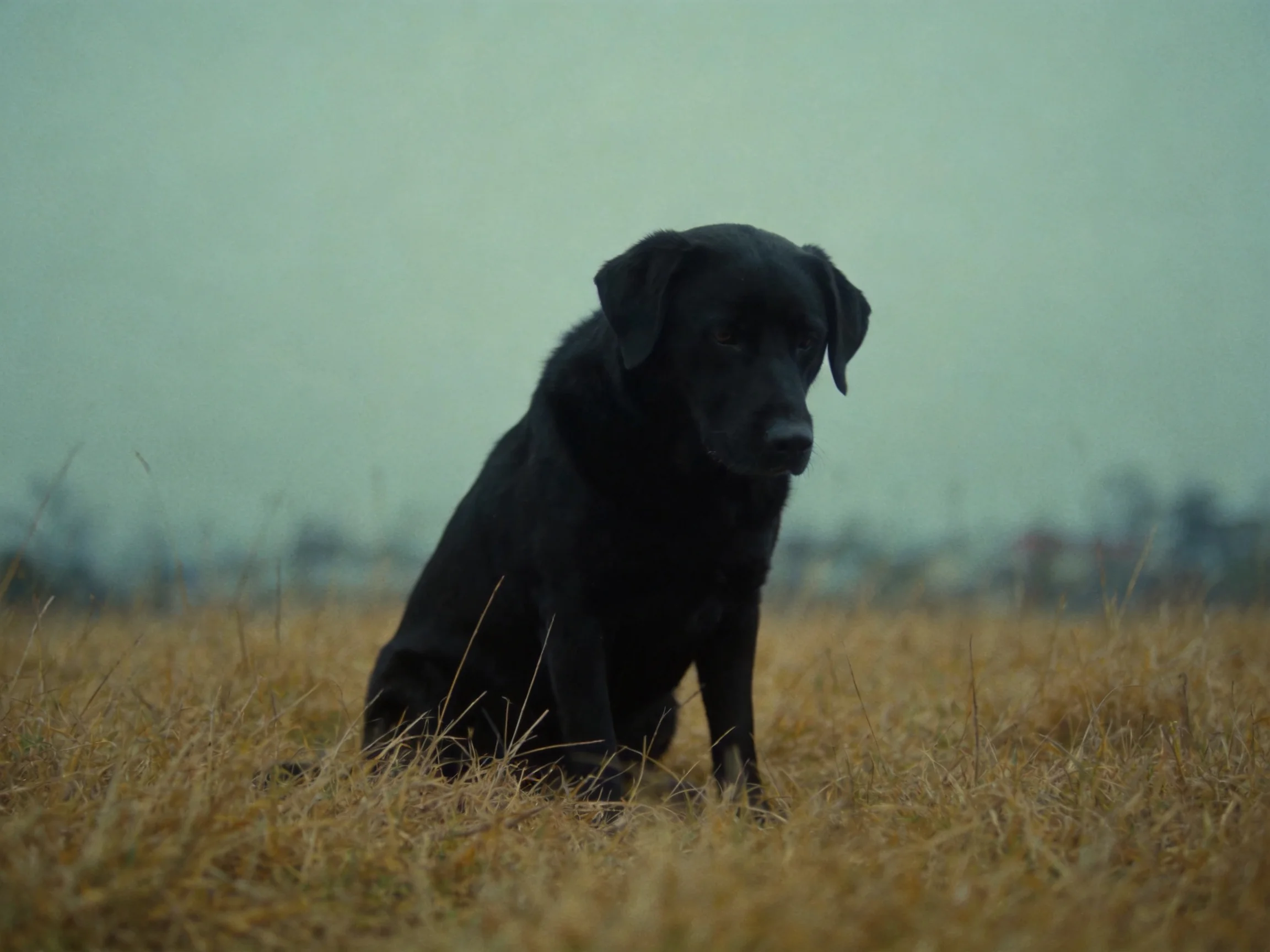A black dog sits in a golden-brown grassy field under an overcast sky