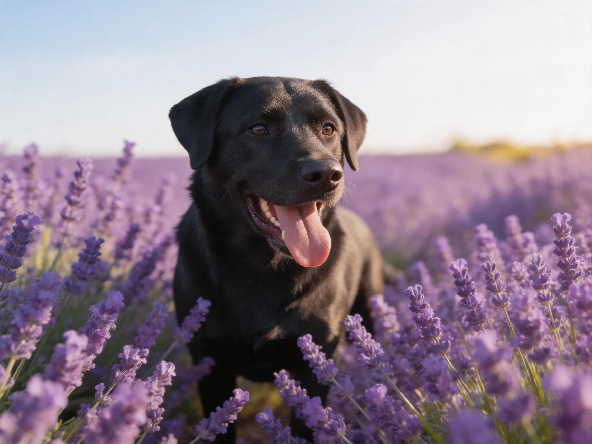 A black dog enjoys a sunny day among purple lavender flowers.