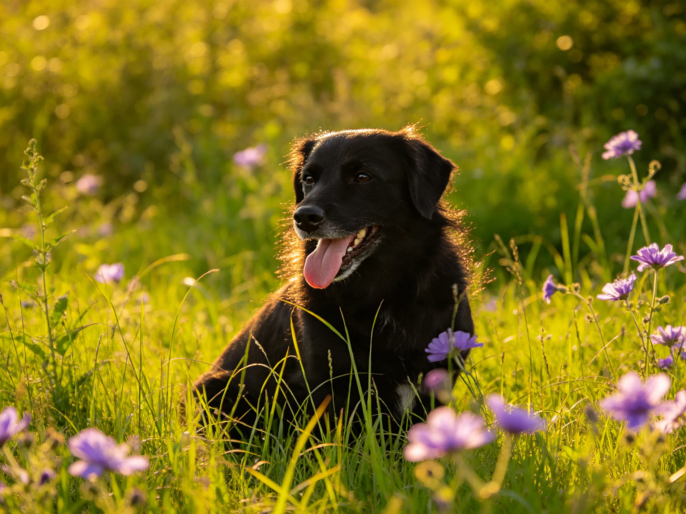 A black dog relaxes in a sunlit meadow with purple flowers