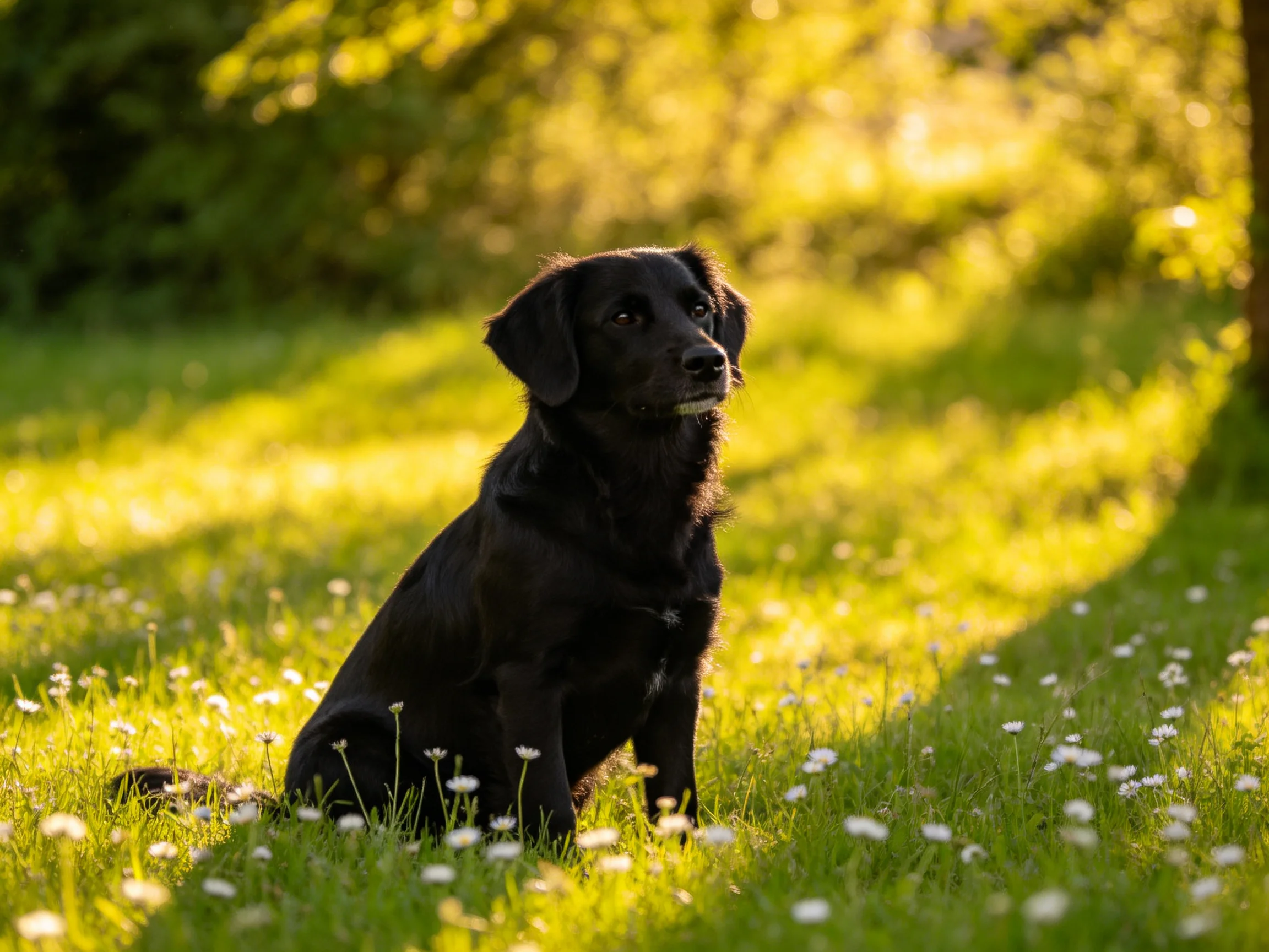 A black dog sits in a sunlit meadow with small white flowers
