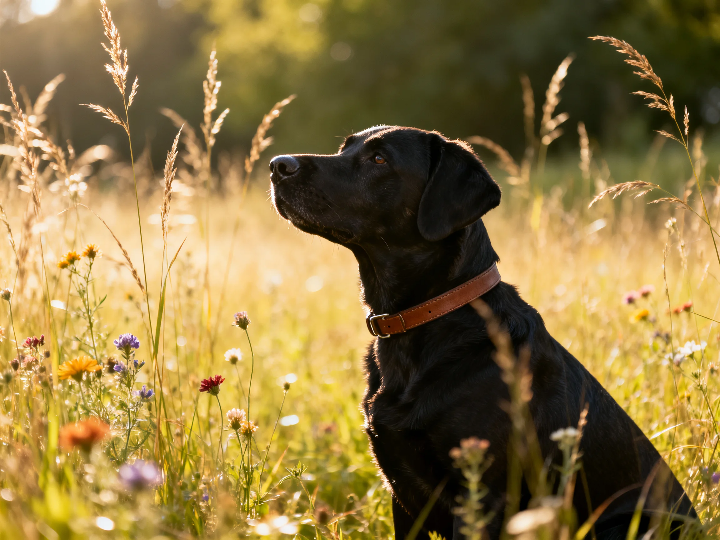 A black dog sits among wildflowers and tall grass in a sunlit meadow.