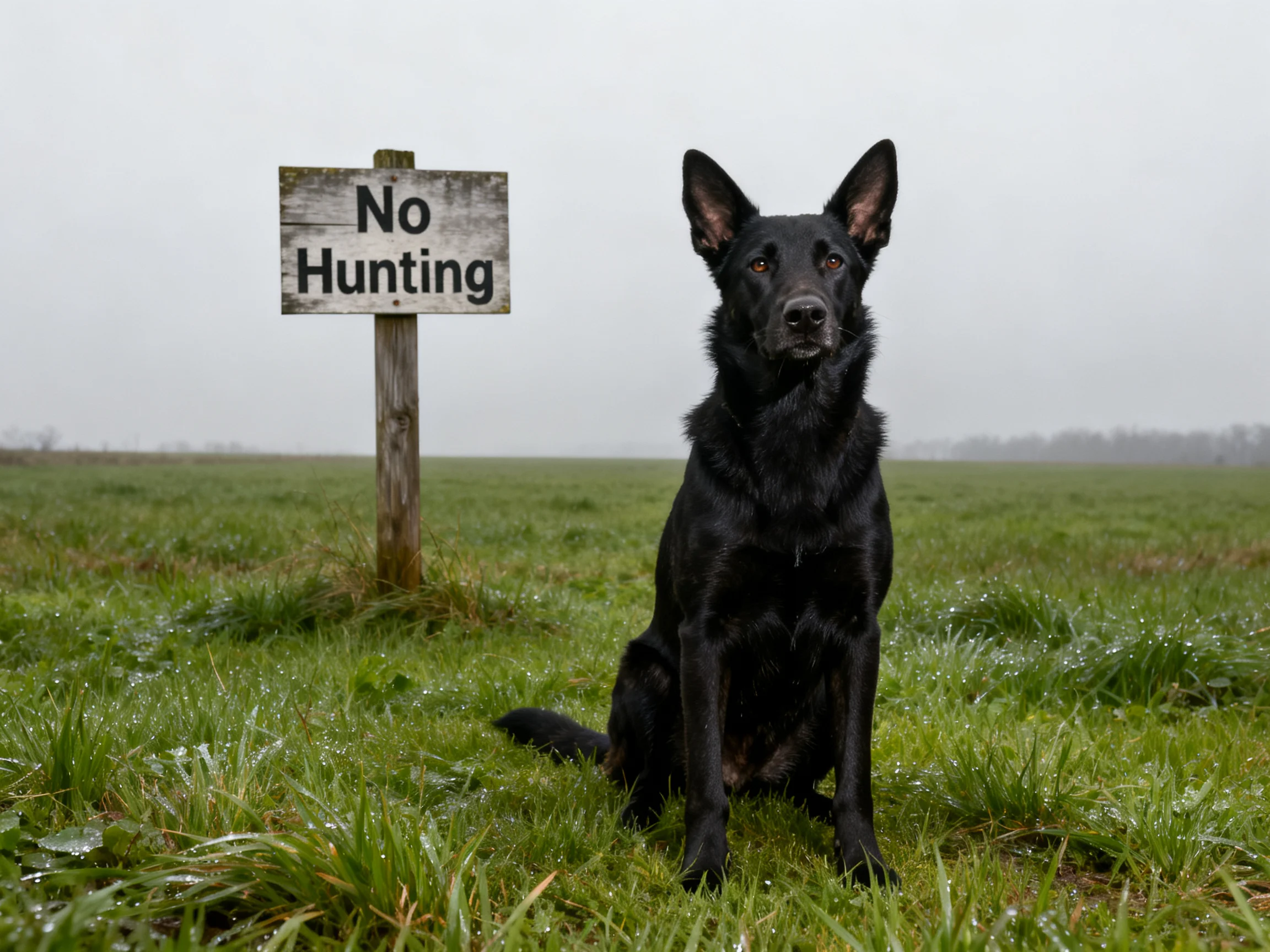 A black dog sits beside a wooden No Hunting sign in an open grassy area.