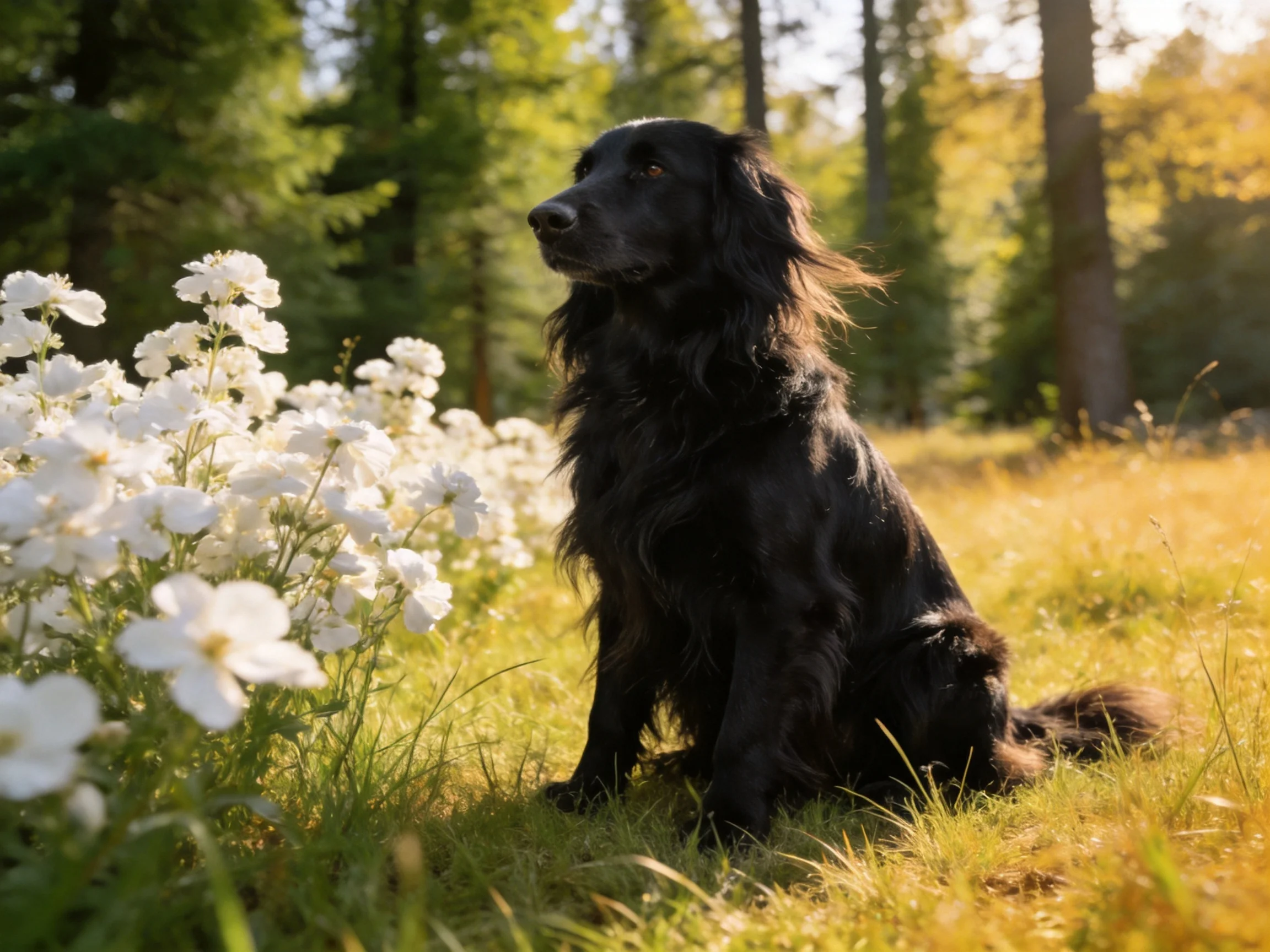 A black dog sits beside white flowers in a sunlit forest area.