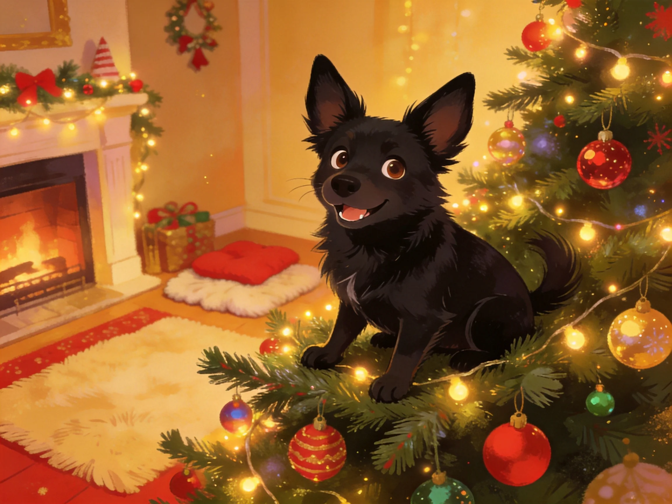 A black dog sits on a festively decorated Christmas tree near a warm fireplace