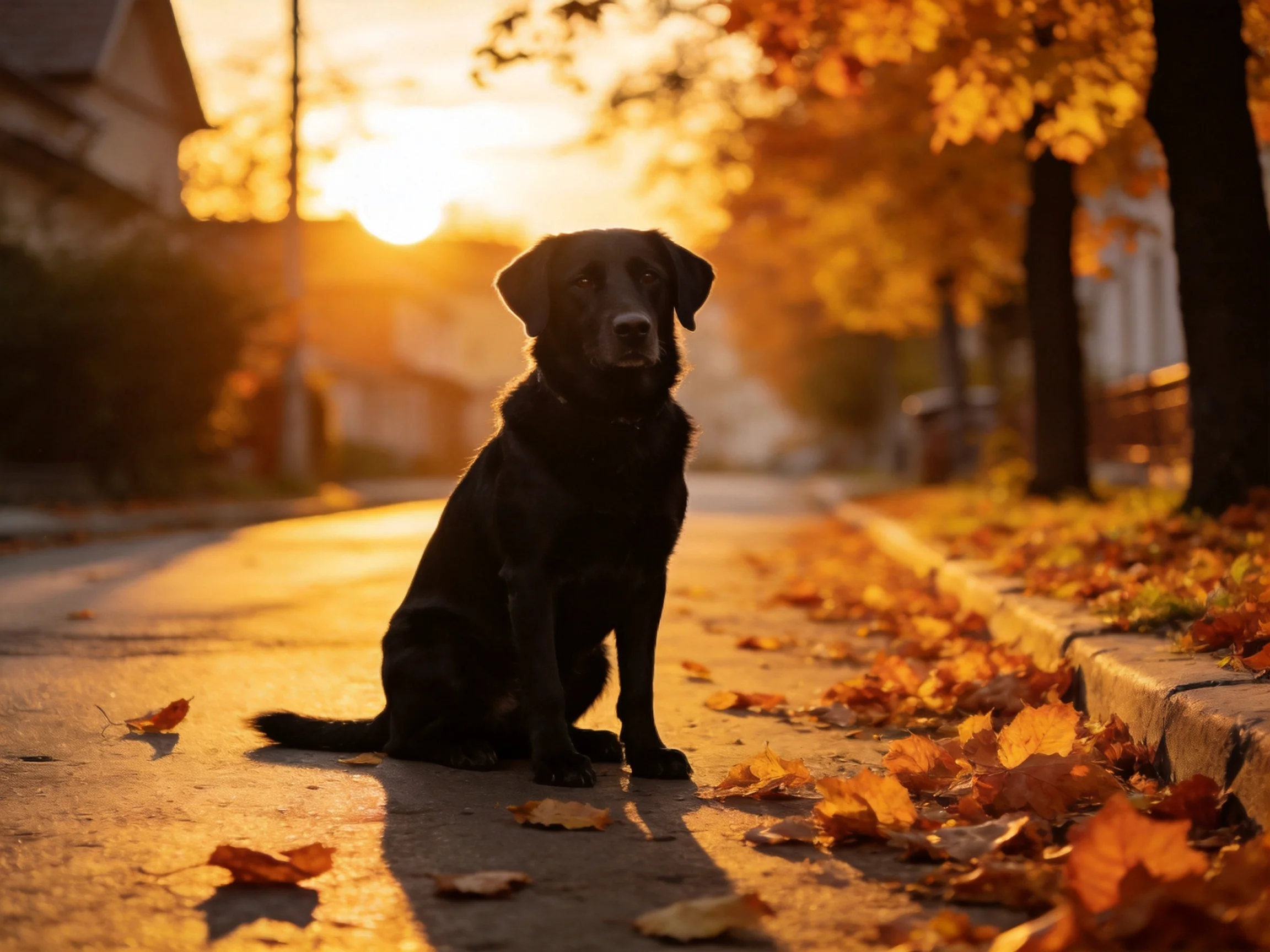 A black dog sits calmly amid fallen leaves on an autumn street during sunset.