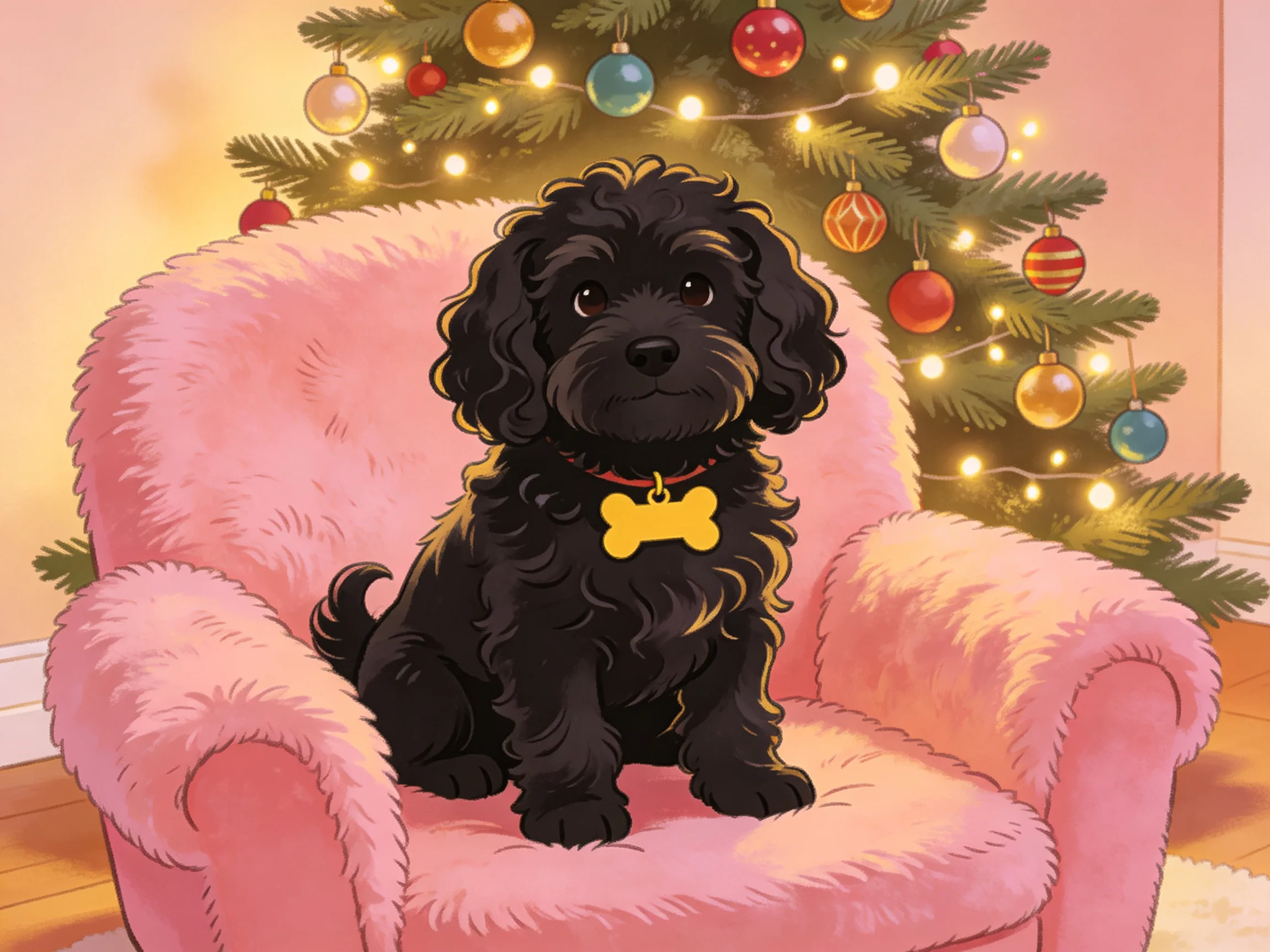 A black dog sits on a pink fuzzy chair near a decorated Christmas tree