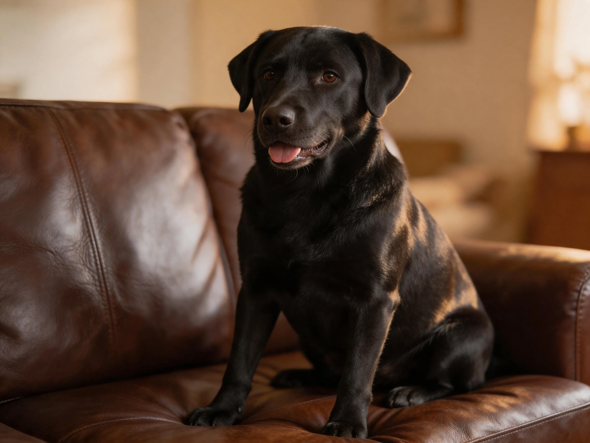 A black dog sits on a polished brown leather sofa