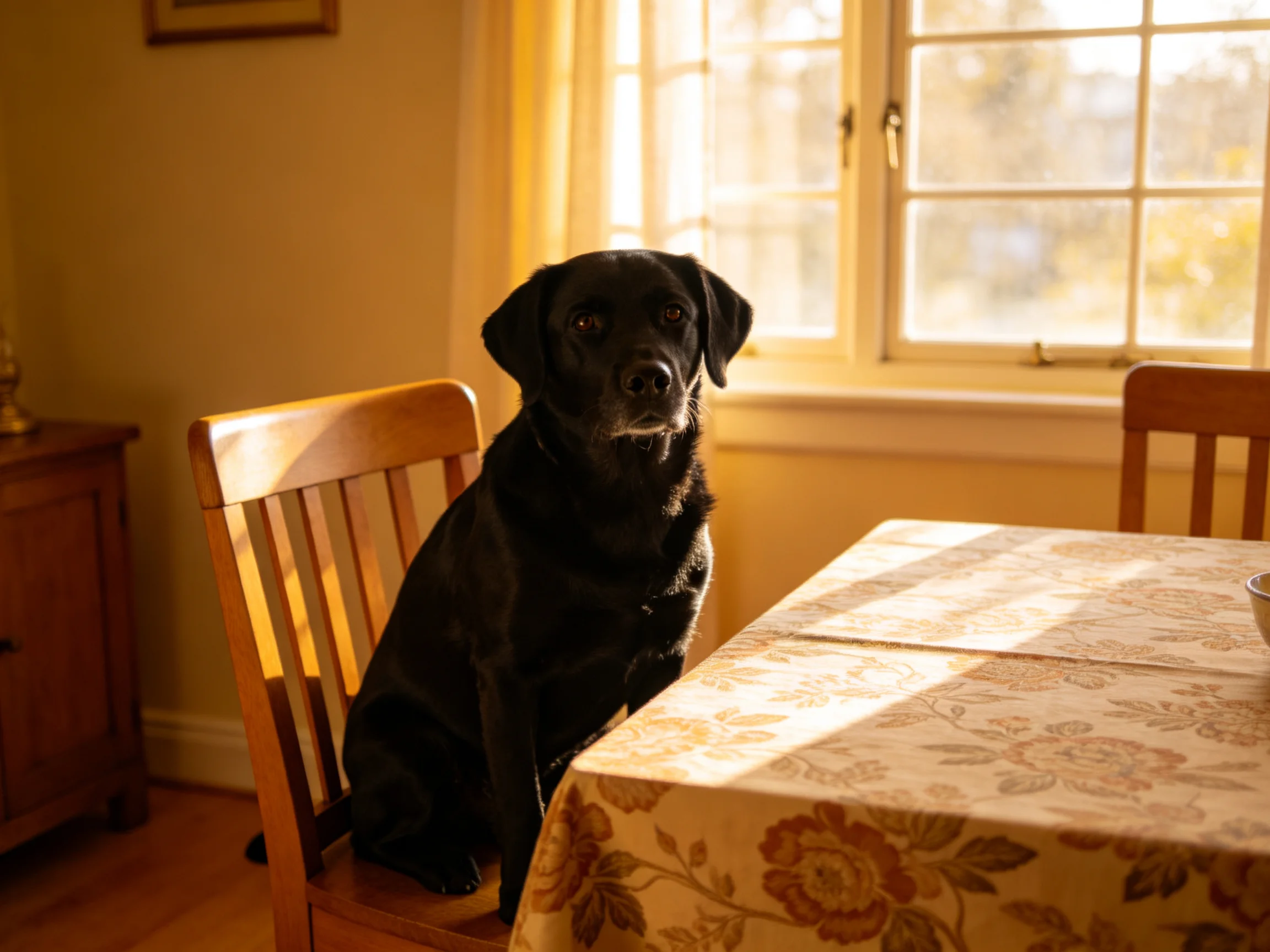 A black dog sits on a wooden chair beside a flowered table in a sunlit room