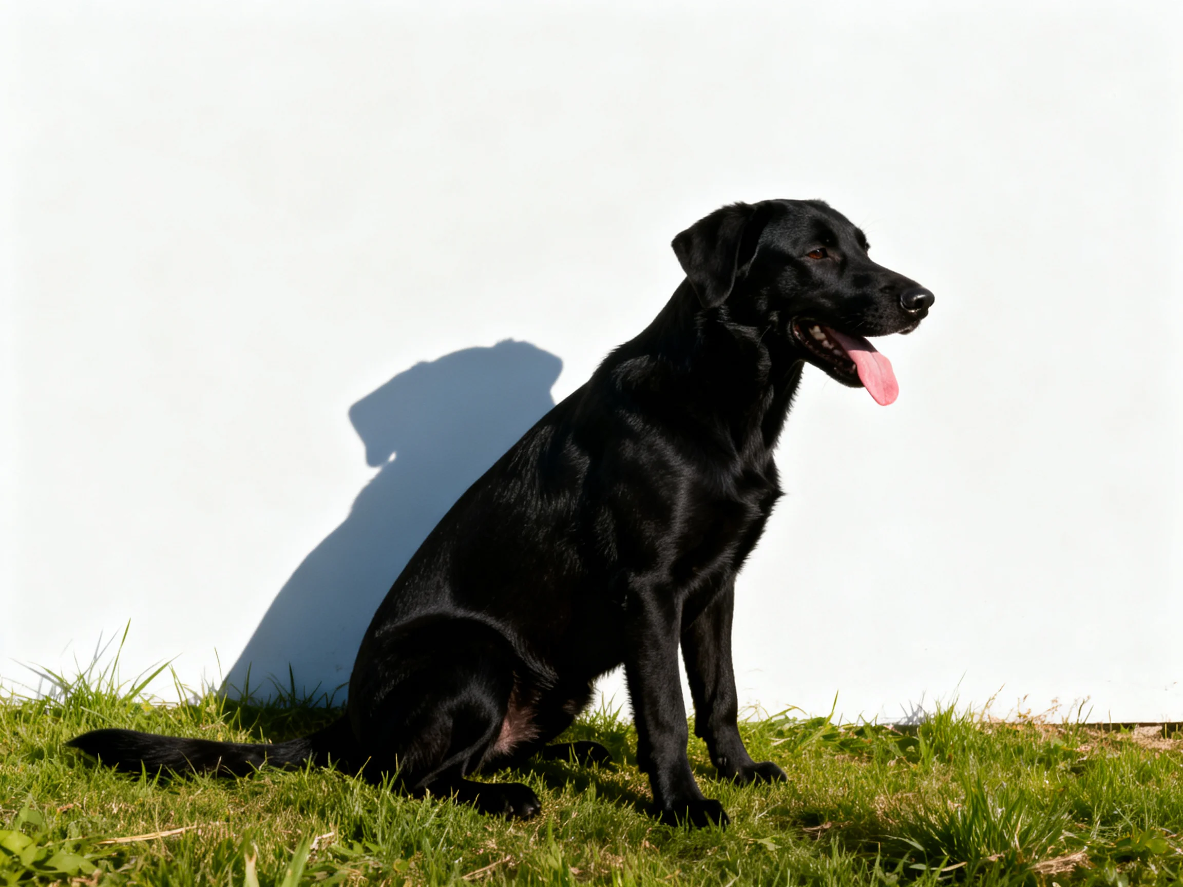 A black dog sits calmly on grass next to a white wall.