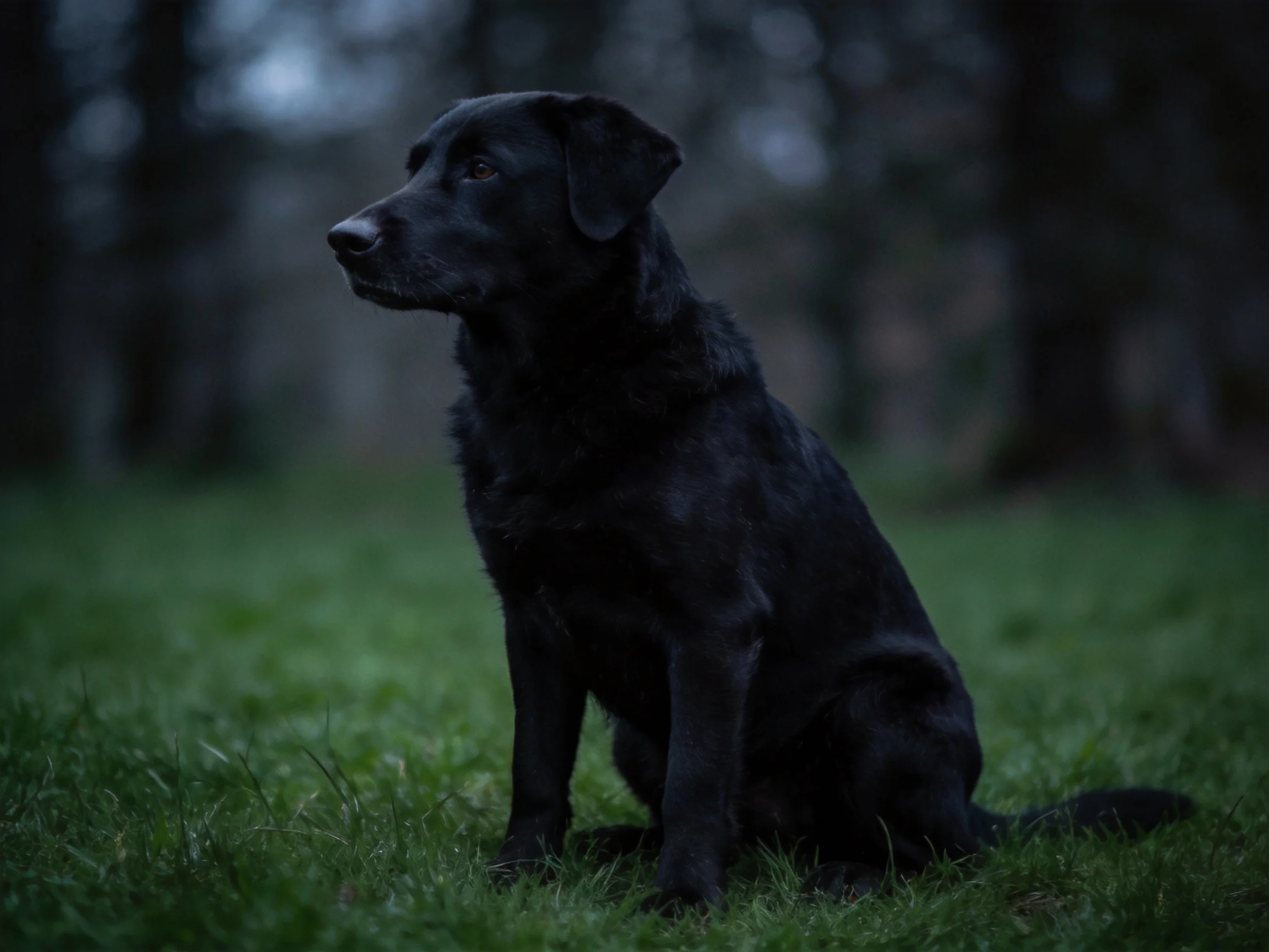 A black dog sits on grass in a dimly lit natural setting