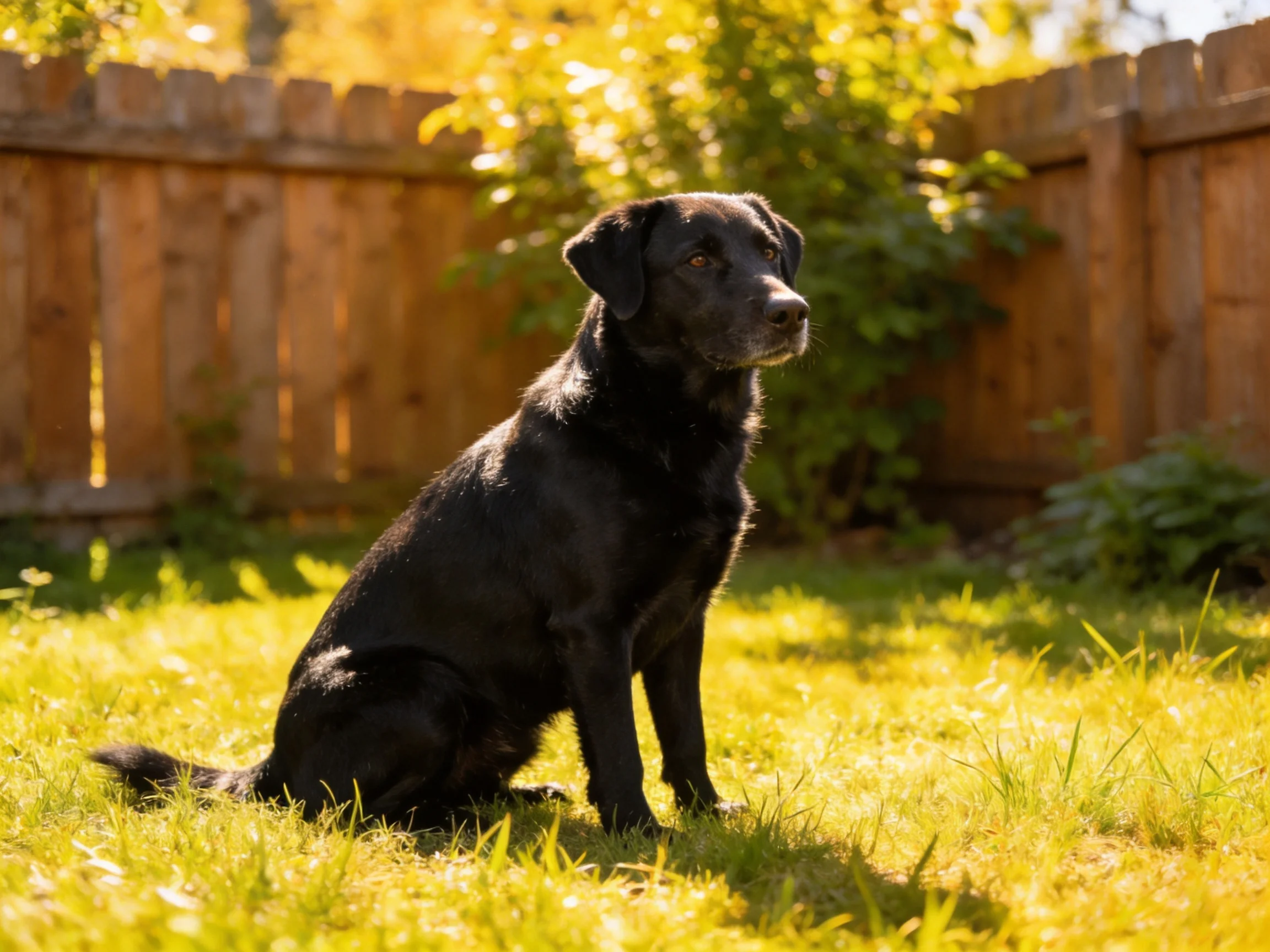 A black dog sits calmly in a sunlit backyard.